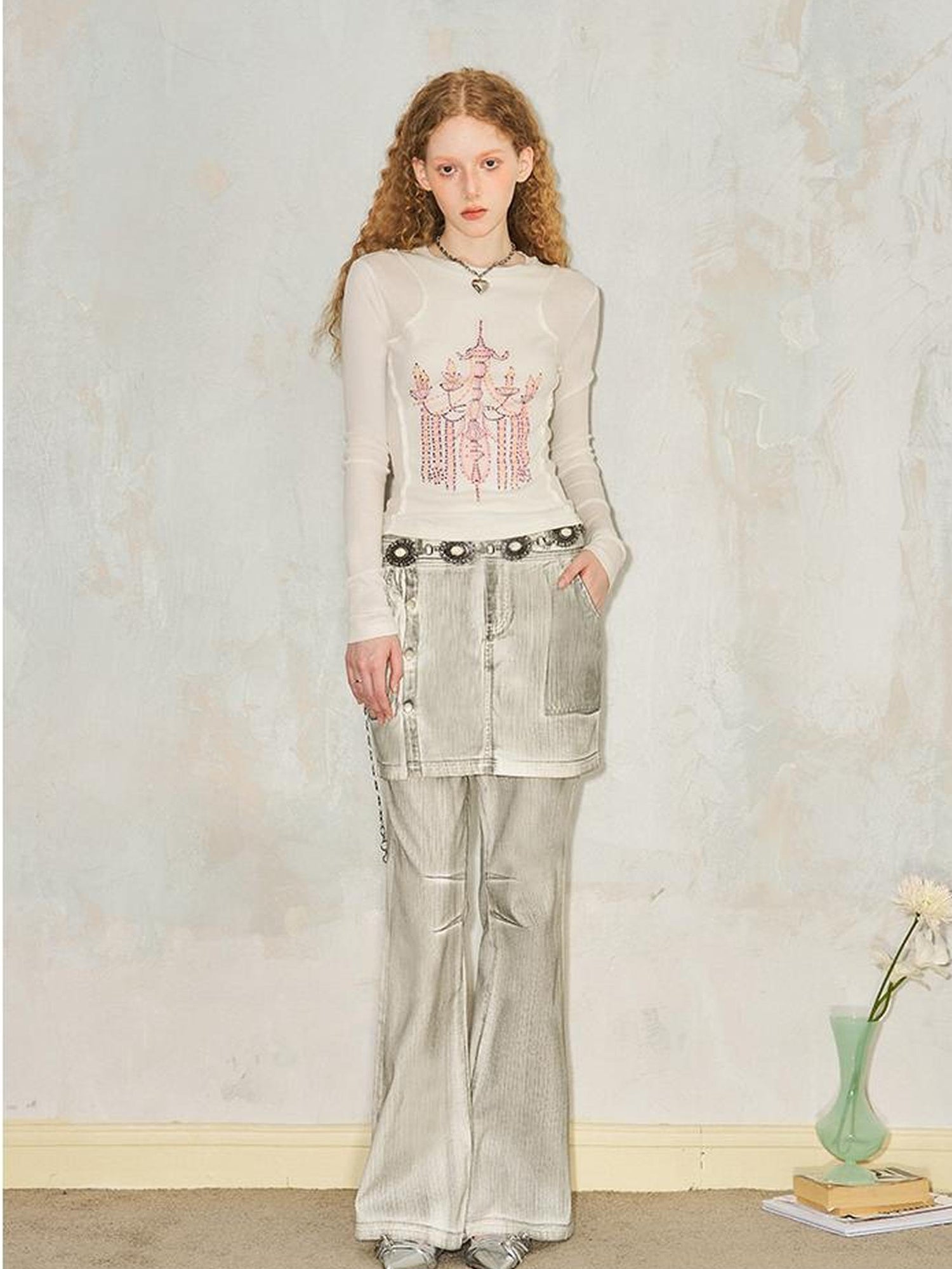 DIDDI MODA Classic Crystal Chandelier Print Layered Long Sleeve Top