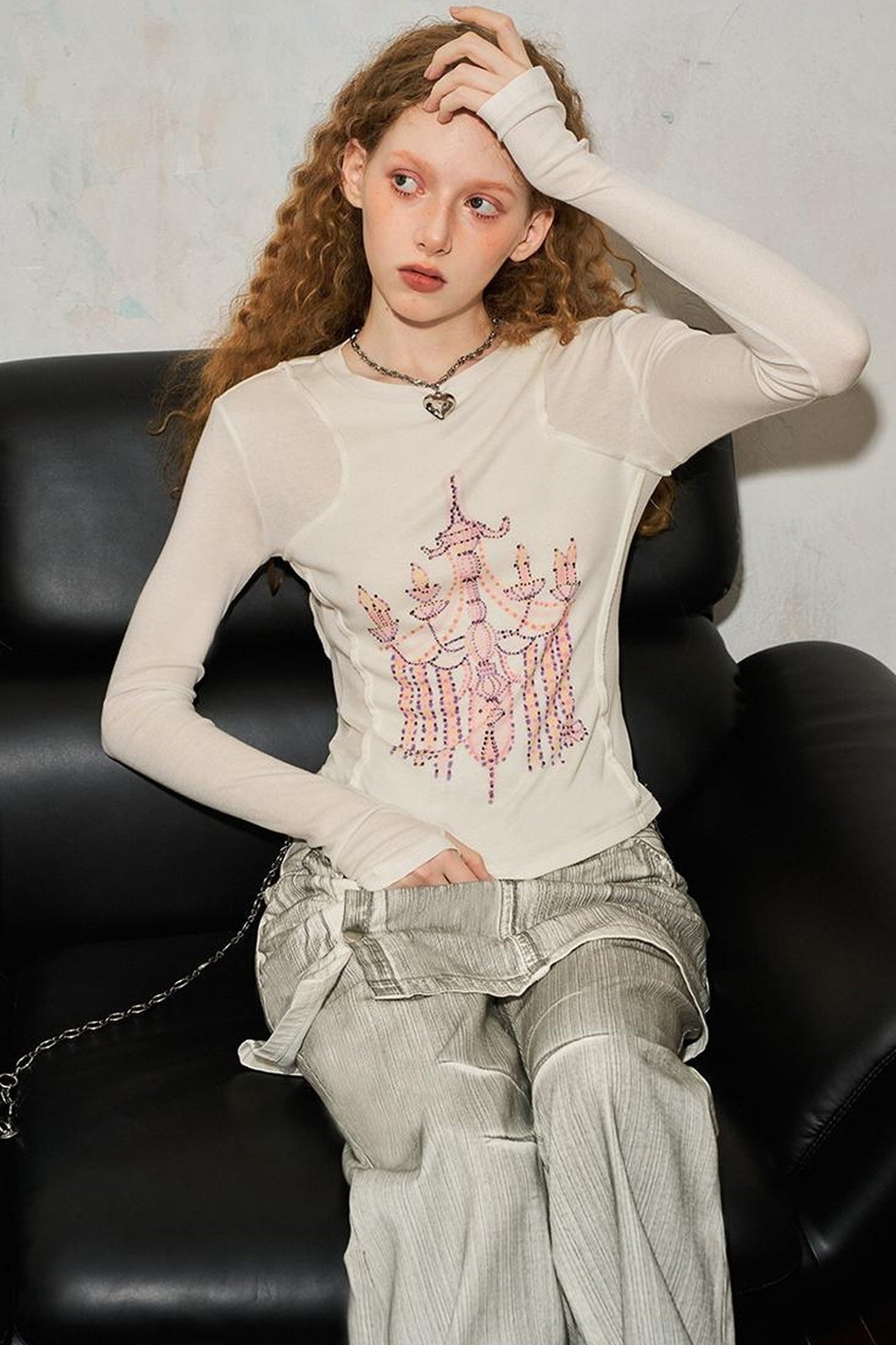DIDDI MODA Classic Crystal Chandelier Print Layered Long Sleeve Top
