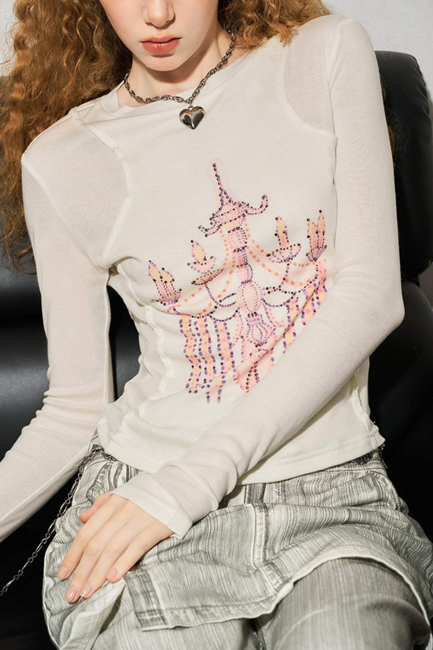 DIDDI MODA Classic Crystal Chandelier Print Layered Long Sleeve Top