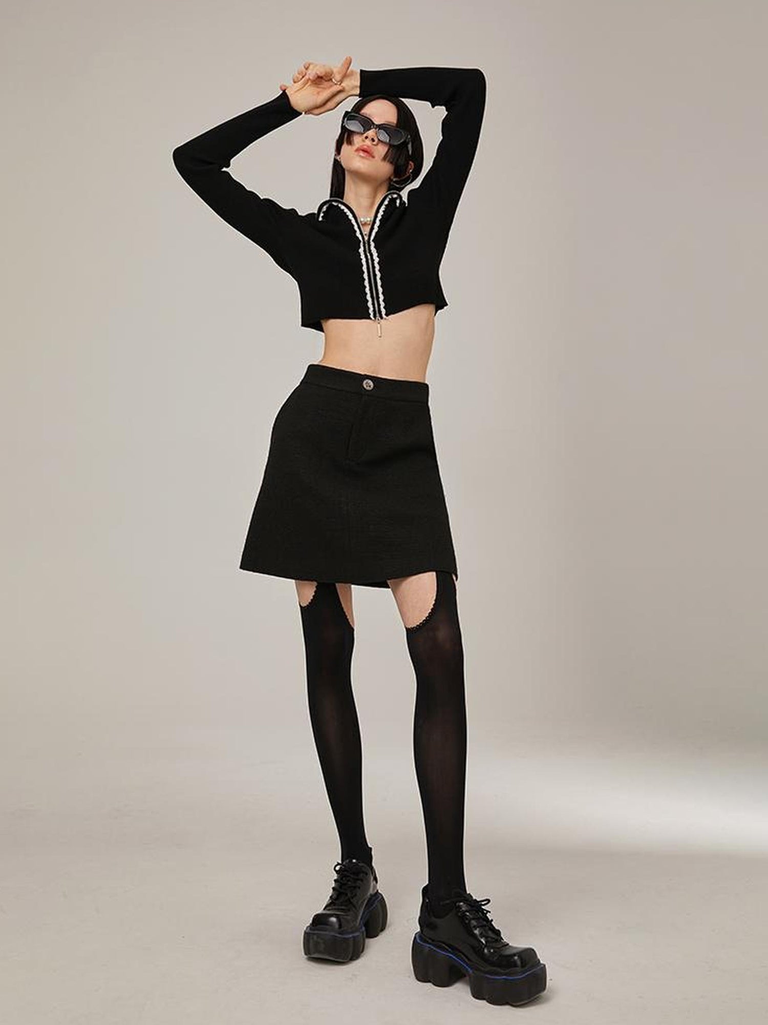 DIDDI MODA Classic High Waist A Line Skirt Slimming Black Beige