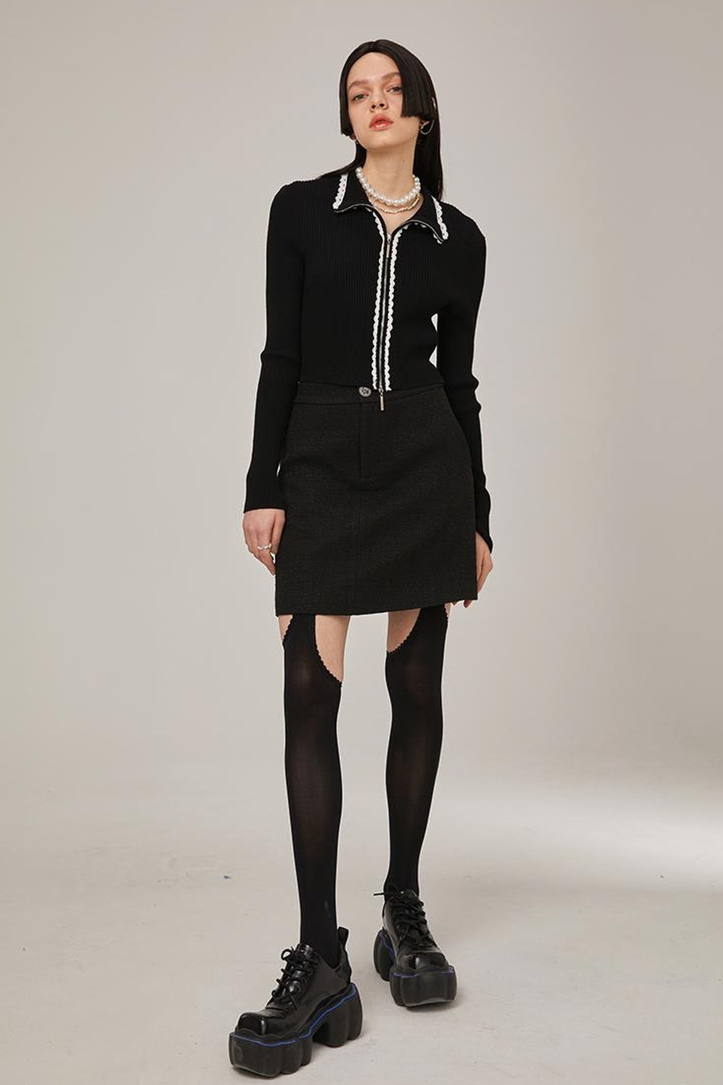 DIDDI MODA Classic High Waist A Line Skirt Slimming Black Beige