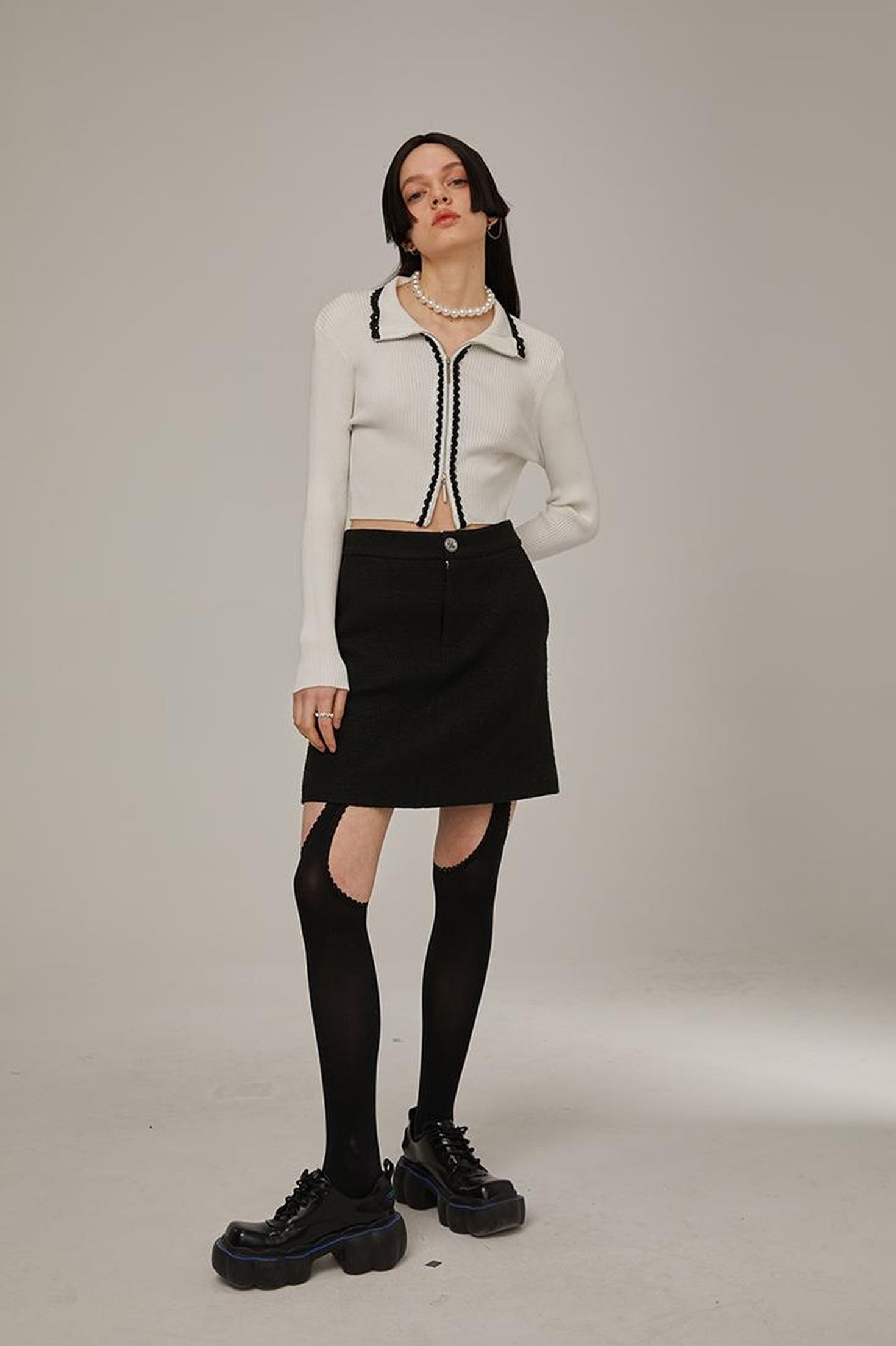 DIDDI MODA Classic High Waist A Line Skirt Slimming Black Beige