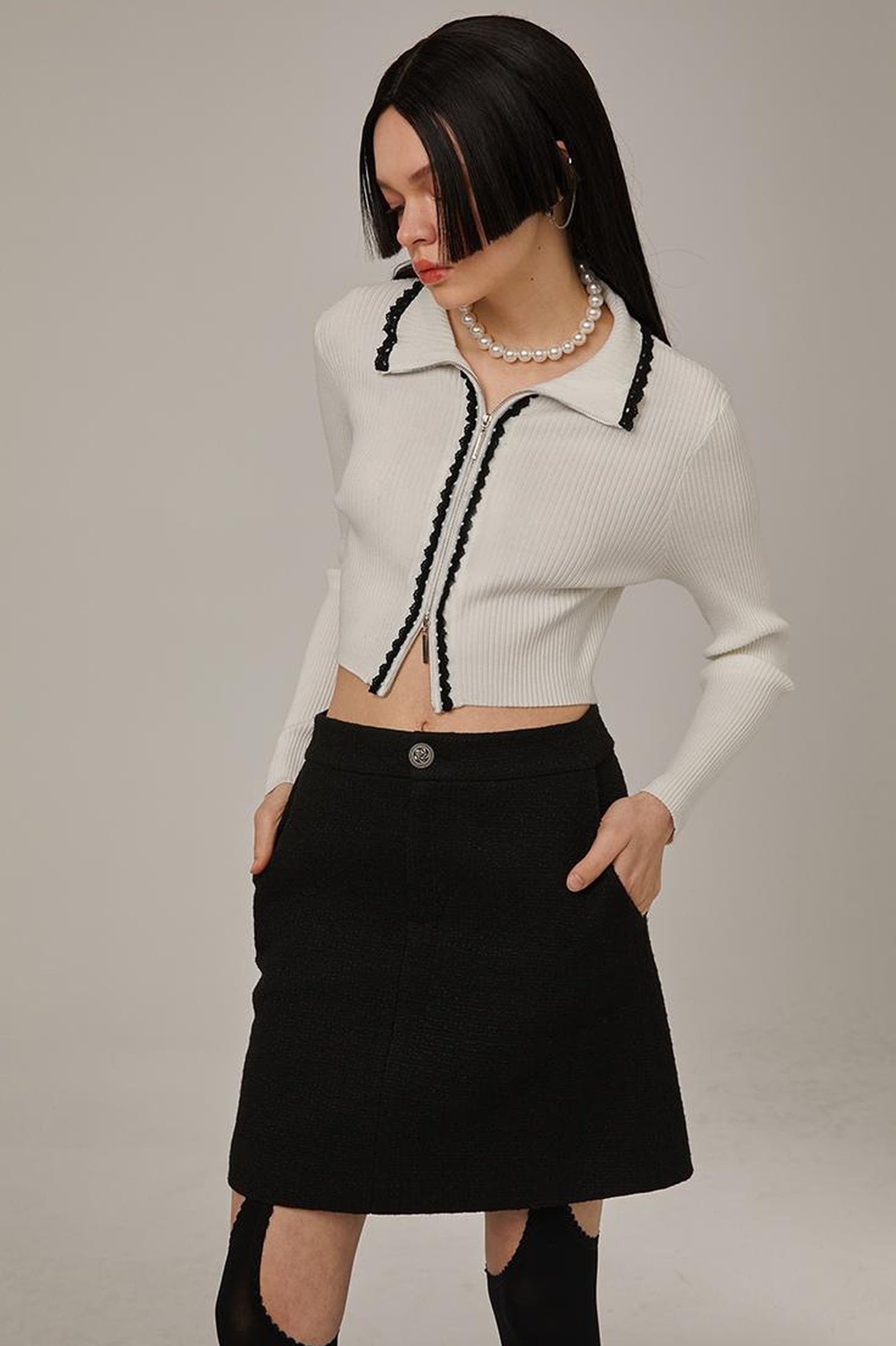 DIDDI MODA Classic High Waist A Line Skirt Slimming Black Beige