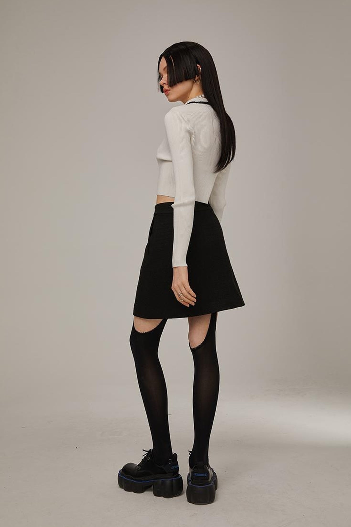 DIDDI MODA Classic High Waist A Line Skirt Slimming Black Beige