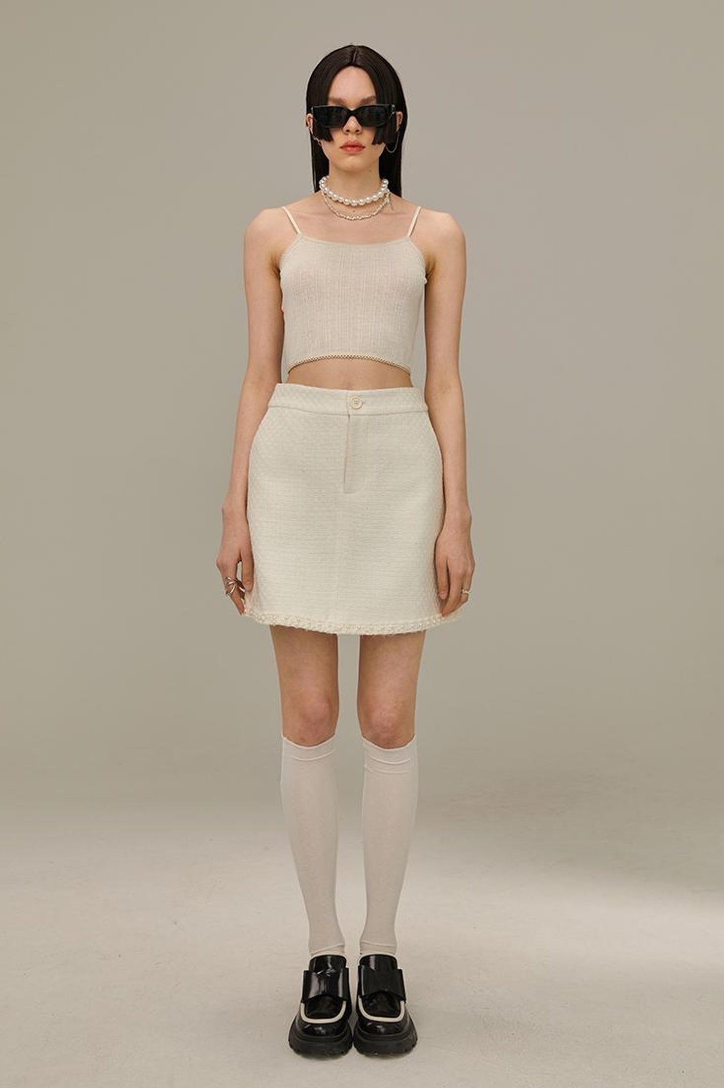 DIDDI MODA Classic High Waist A Line Skirt Slimming Black Beige