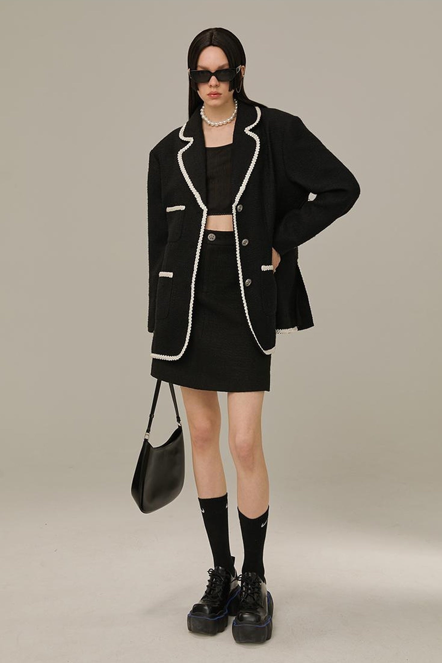 DIDDI MODA Classic High Waist A Line Skirt Slimming Black Beige