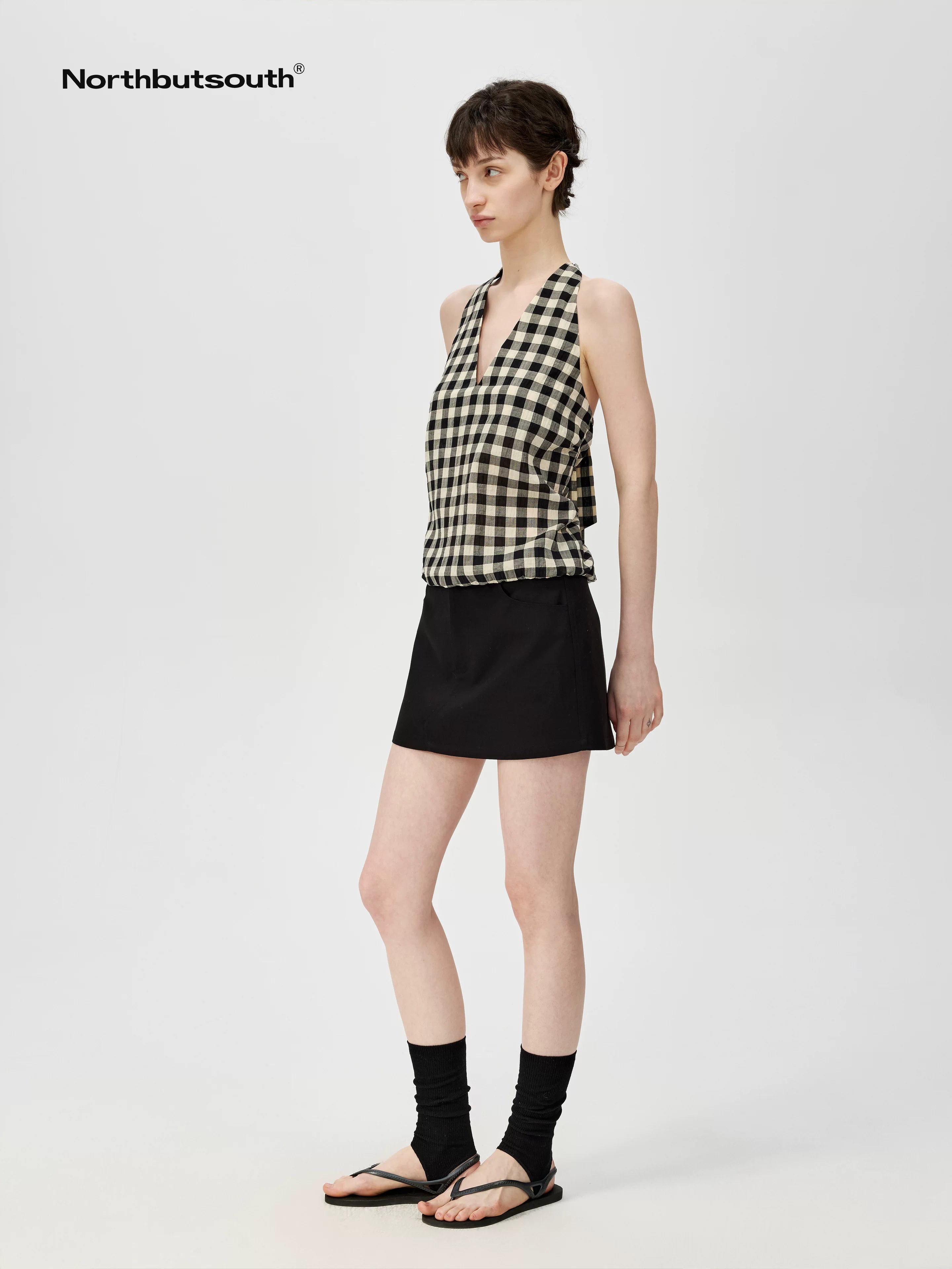 Classic Plaid Deep V Back Tie Halter Top