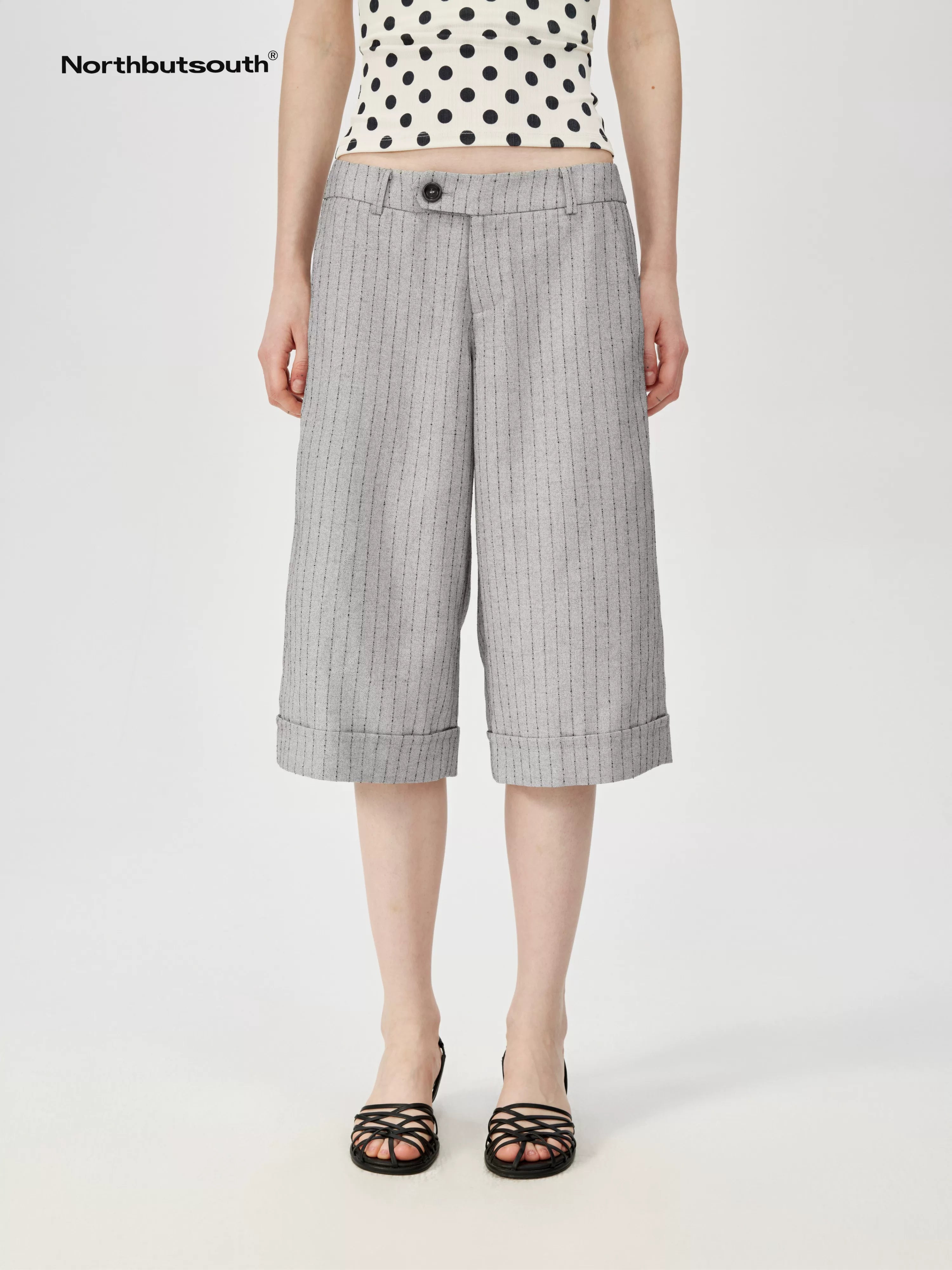 Classic Striped Cuffed Cropped Casual Trousers