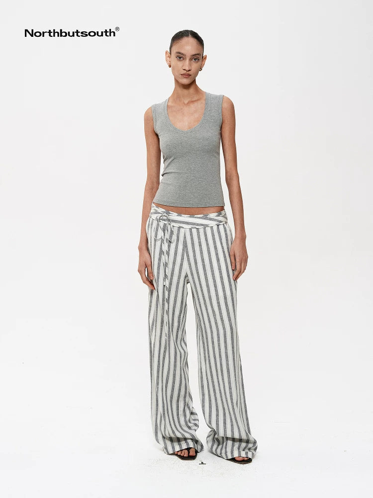 Classic Striped Hemp Tencel Drawstring Waist Resort Trousers