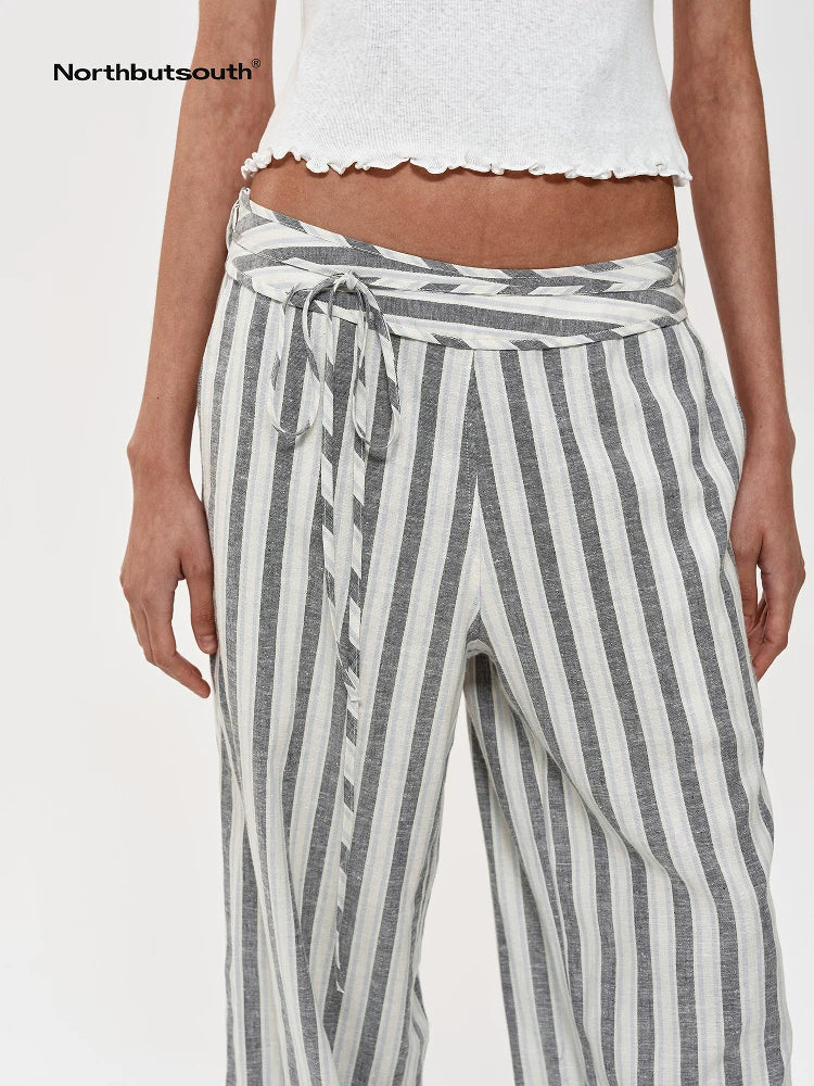 Classic Striped Hemp Tencel Drawstring Waist Resort Trousers