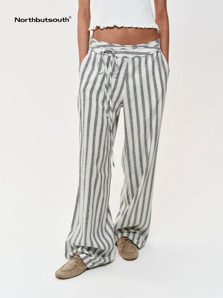 Classic Striped Hemp Tencel Drawstring Waist Resort Trousers