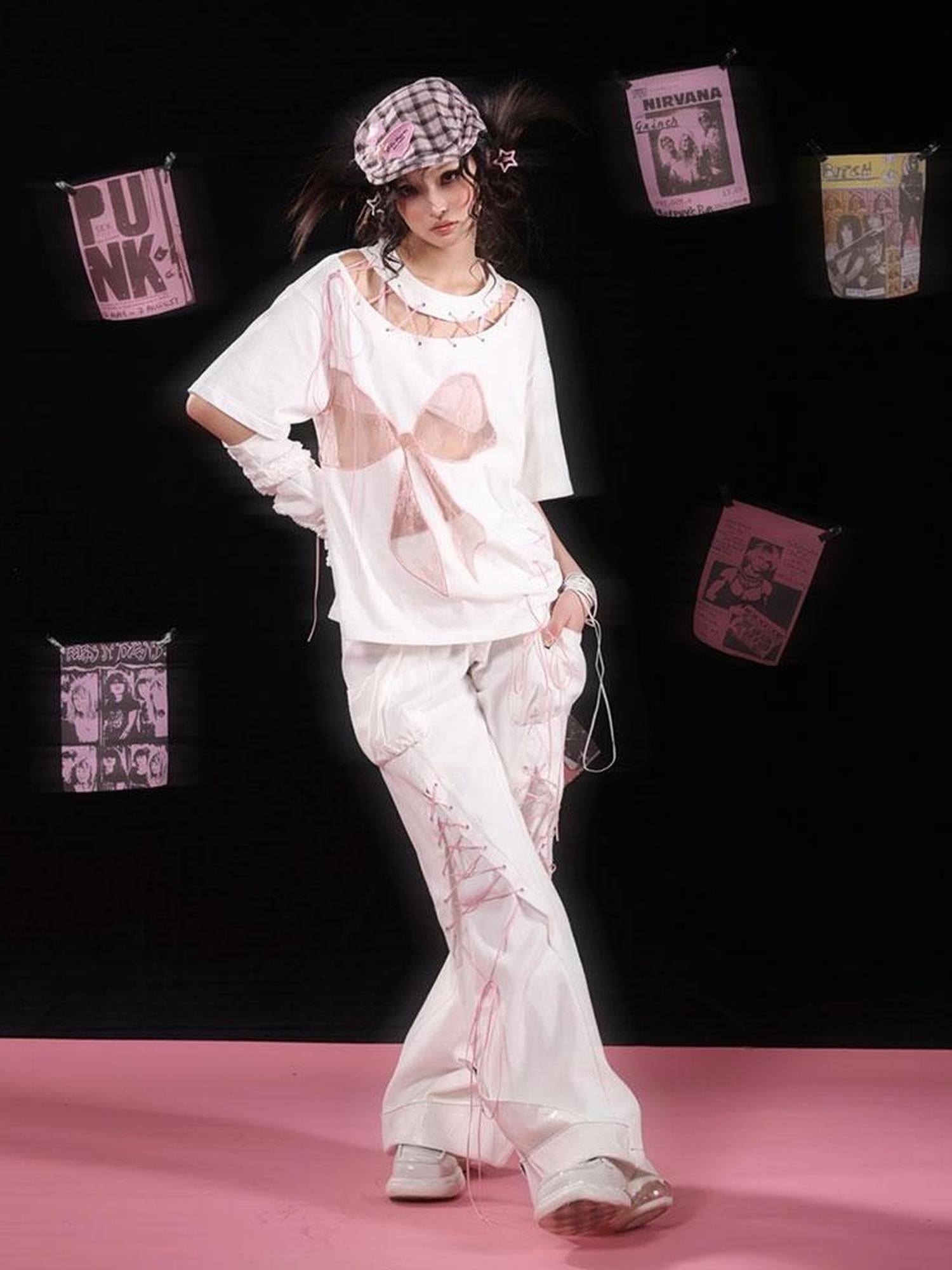 WSW WUSHENWU Cloud Hidden Cherry Blossom Lace Bow Cutout Strap Tee