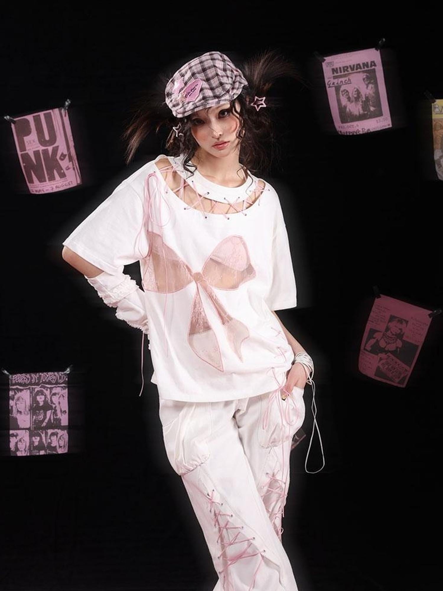 WSW WUSHENWU Cloud Hidden Cherry Blossom Lace Bow Cutout Strap Tee