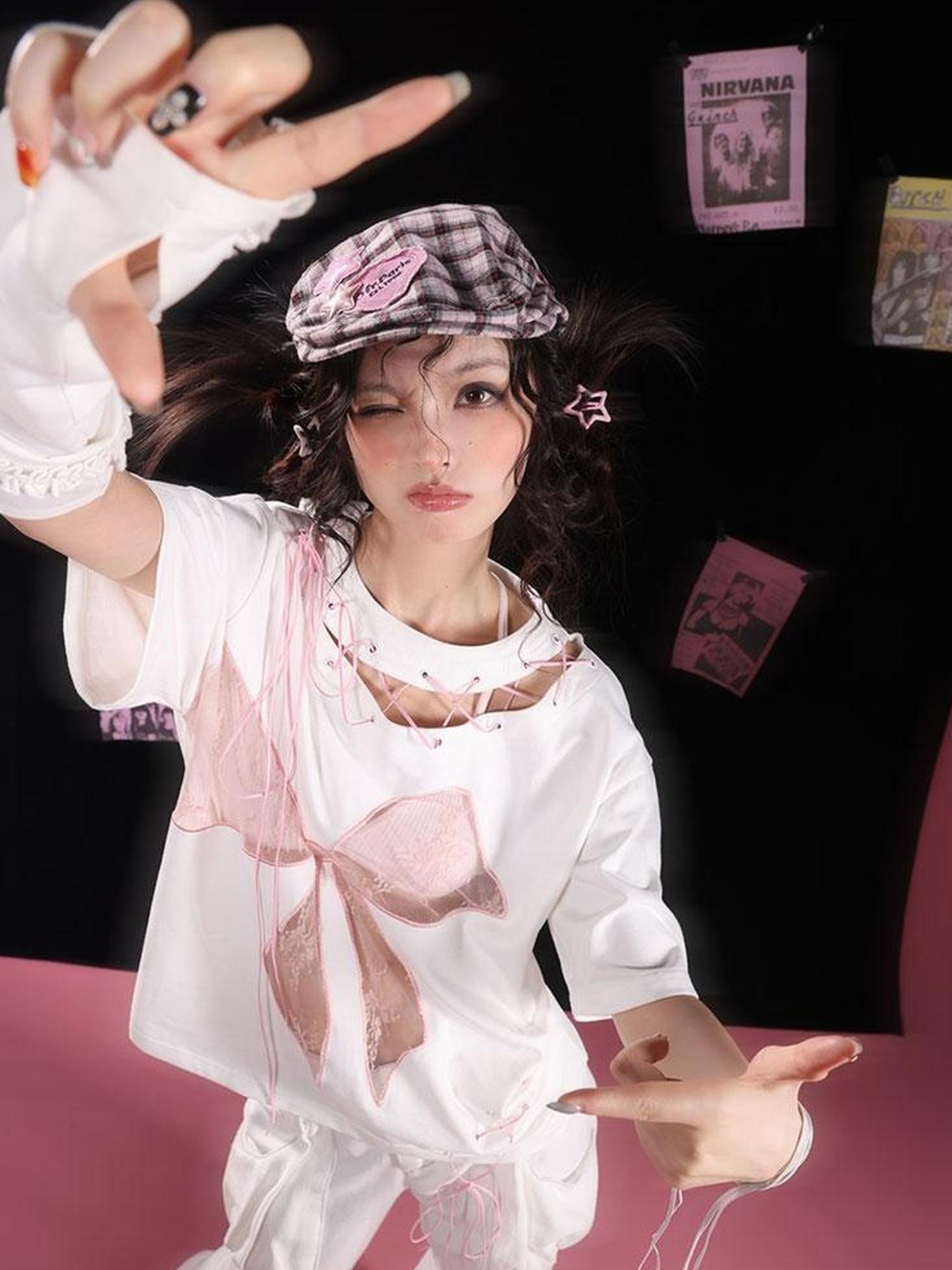 WSW WUSHENWU Cloud Hidden Cherry Blossom Lace Bow Cutout Strap Tee