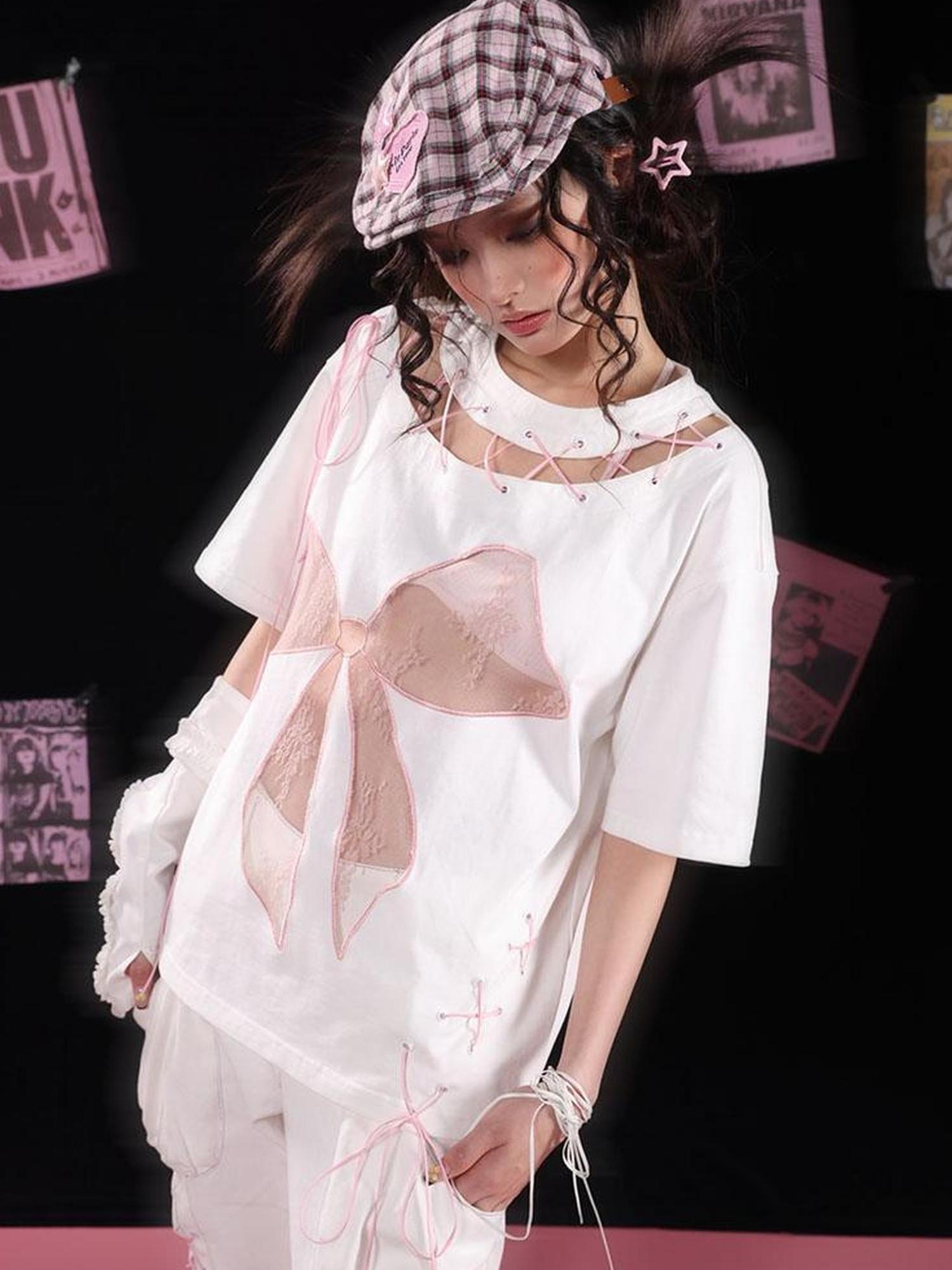 WSW WUSHENWU Cloud Hidden Cherry Blossom Lace Bow Cutout Strap Tee