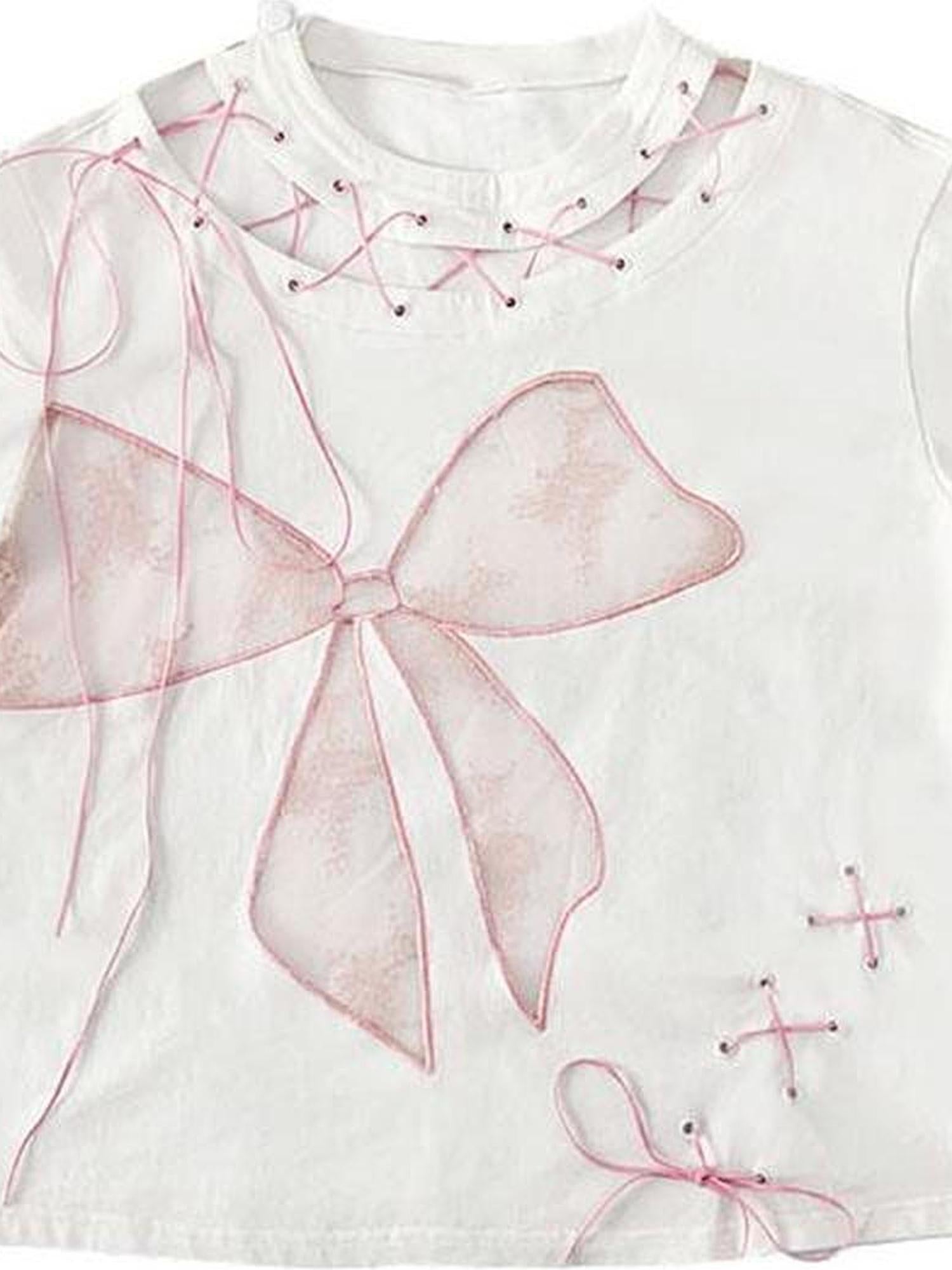 WSW WUSHENWU Cloud Hidden Cherry Blossom Lace Bow Cutout Strap Tee