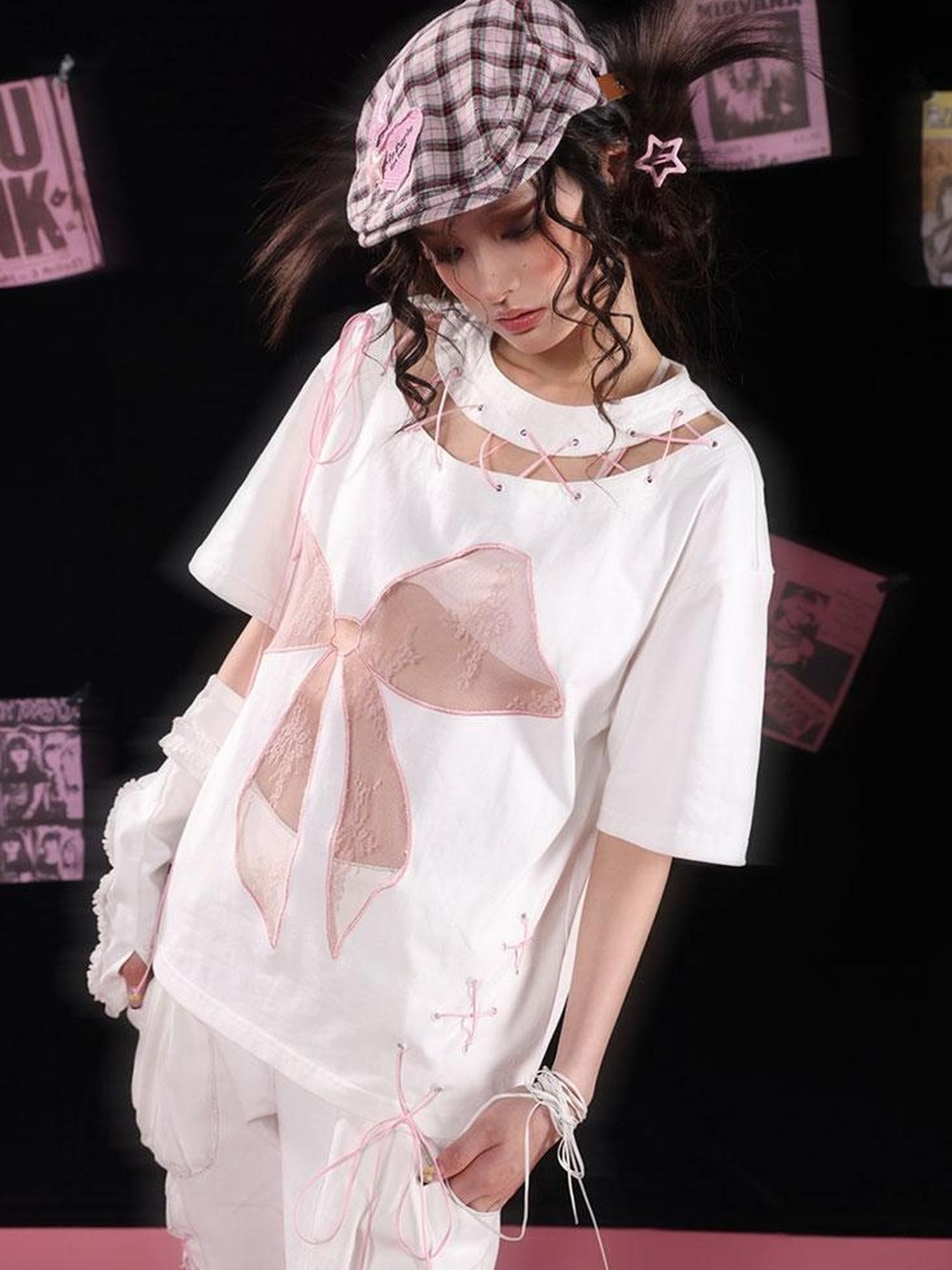 WSW WUSHENWU Cloud Hidden Cherry Blossom Lace Bow Cutout Strap Tee