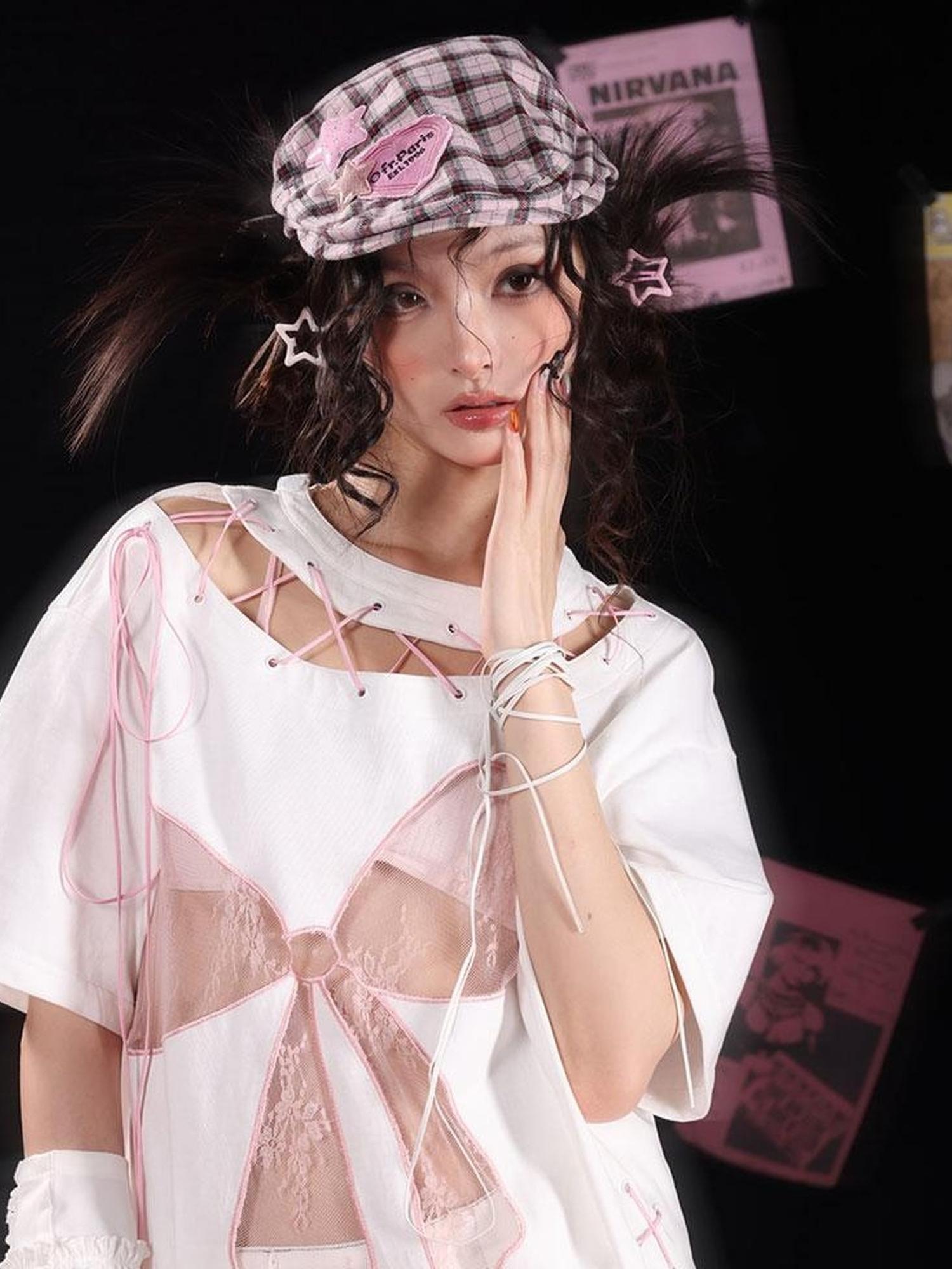 WSW WUSHENWU Cloud Hidden Cherry Blossom Lace Bow Cutout Strap Tee