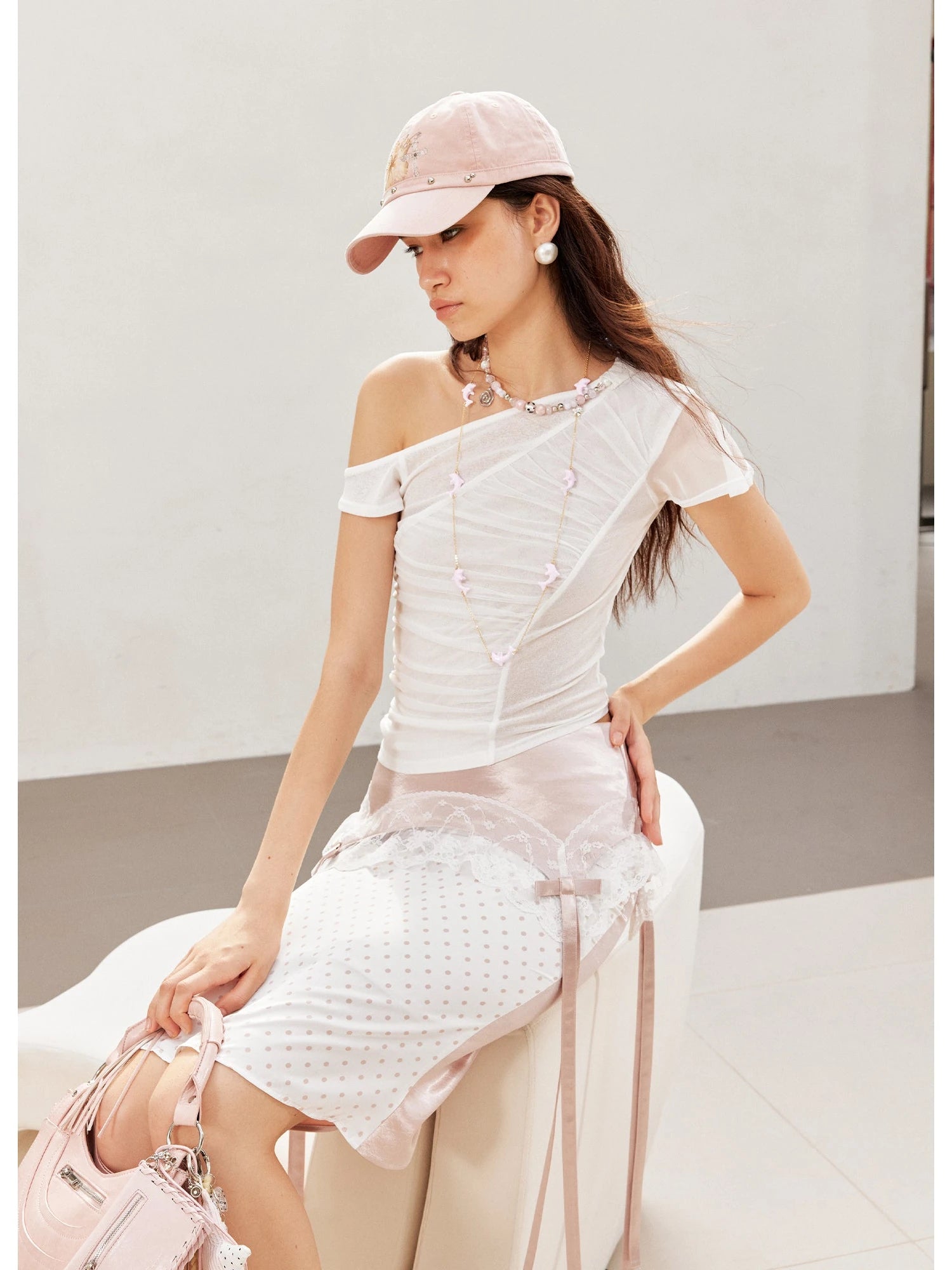 Asym Detachable Necklace Mesh Ruffle Sleeve Fitted Tee