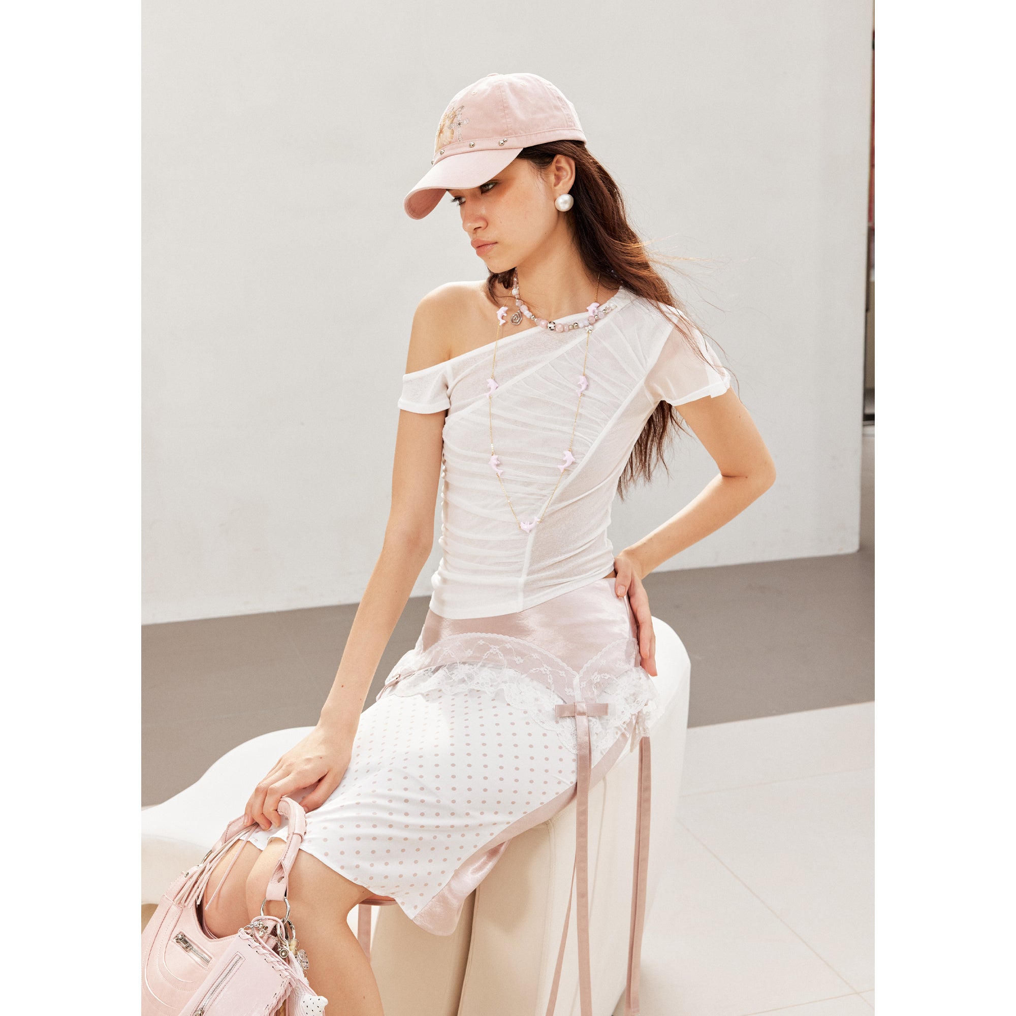 2th Desire Asym Detachable Necklace Mesh Ruffle Sleeve Fitted Tee
