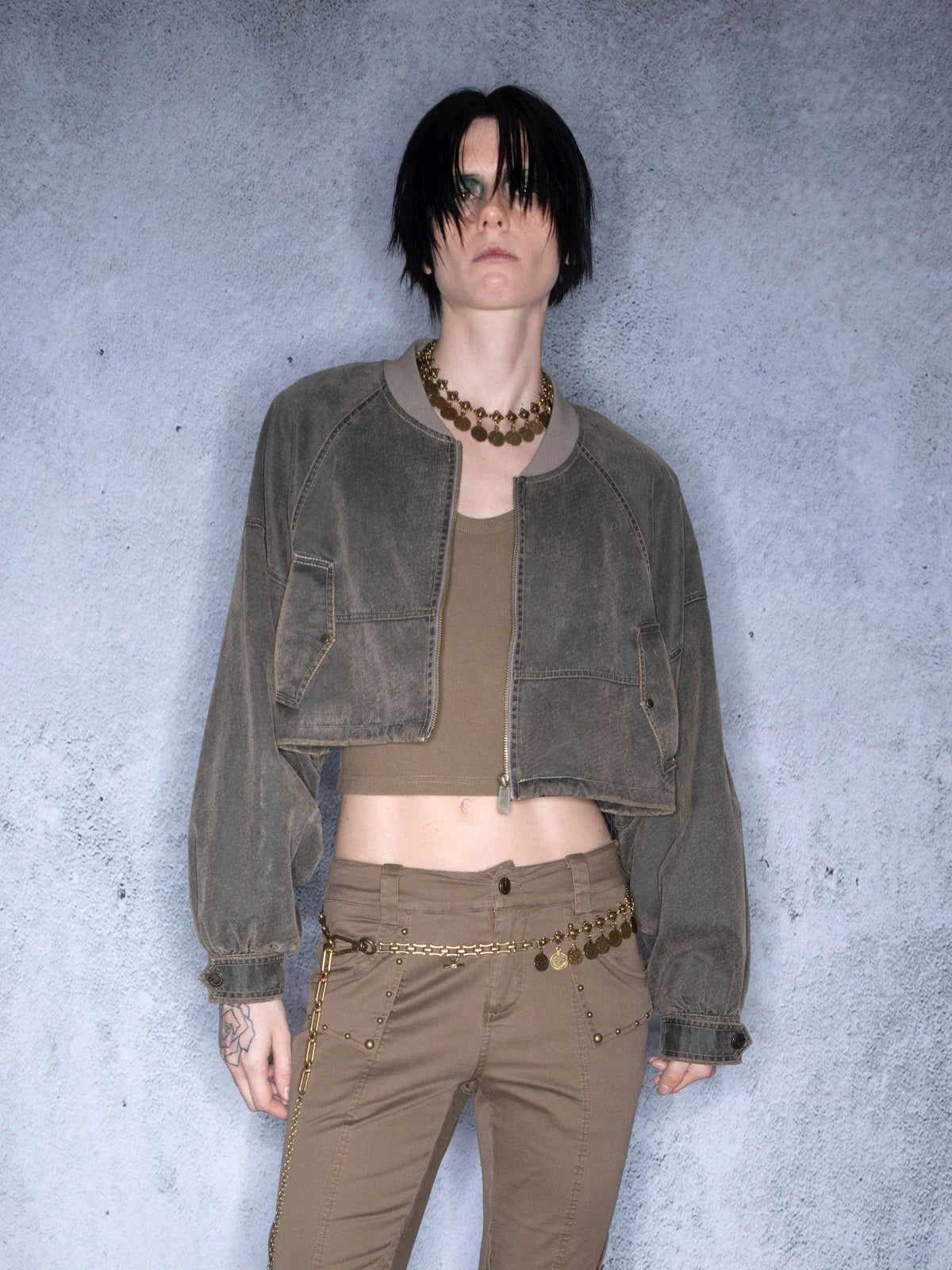 Washed Aviator Jacket Set With Wild Grass Texture