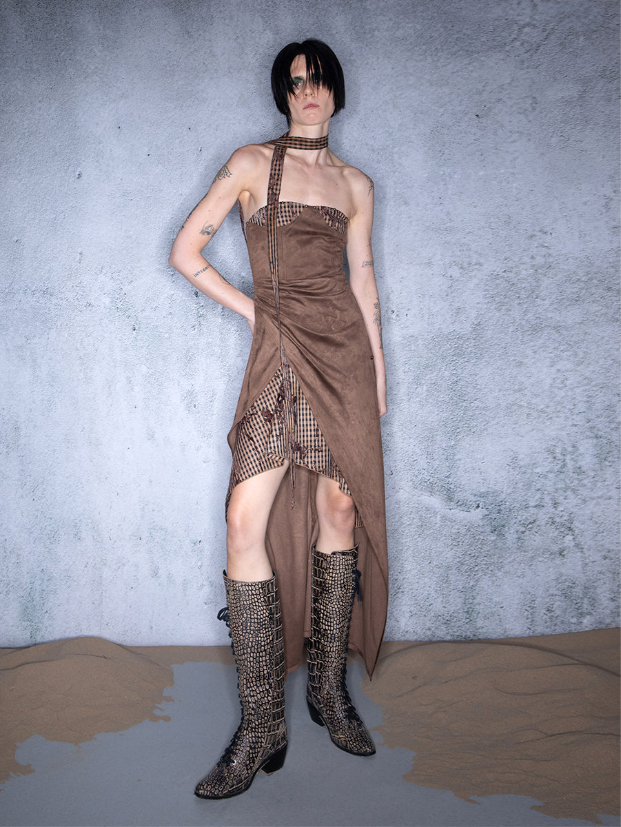 UpdateNN NORTH NODE Plaid Patchwork Asymmetric Bustier Dress With Detachable Collar