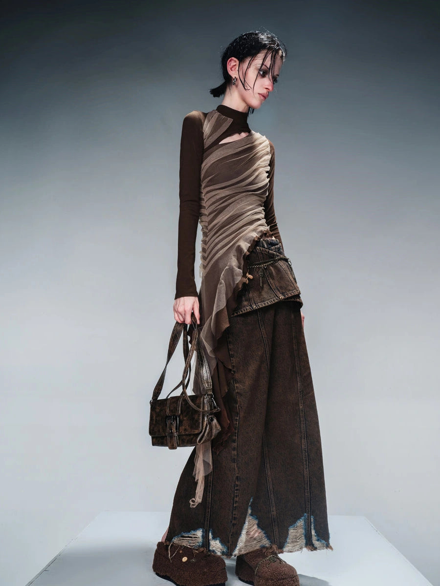 Layered Sheer Mesh Top With Asymmetric Hem