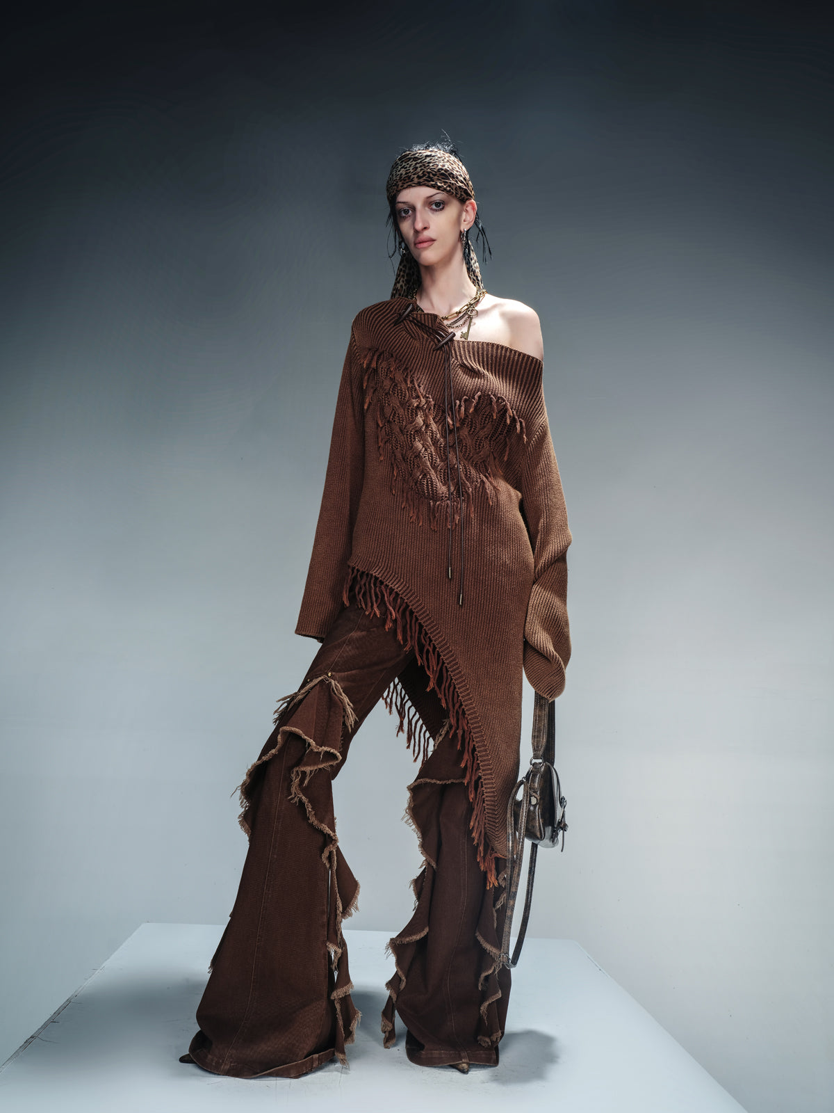 NN NORTH NODE Distressed Fringe Sweater With Asymmetric Hem