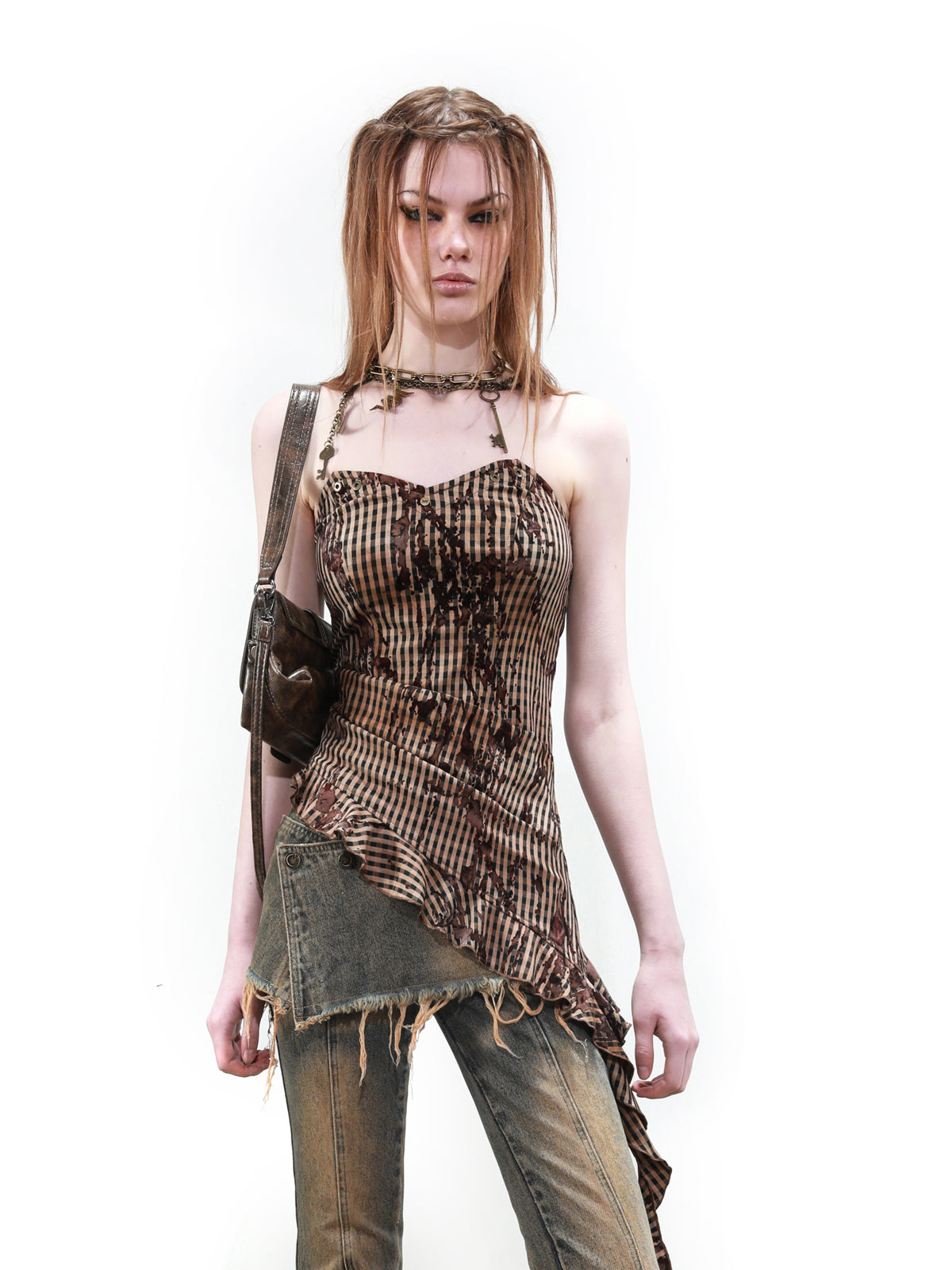 UpdateNN NORTH NODE Plaid Asymmetric Hem Bustier Top
