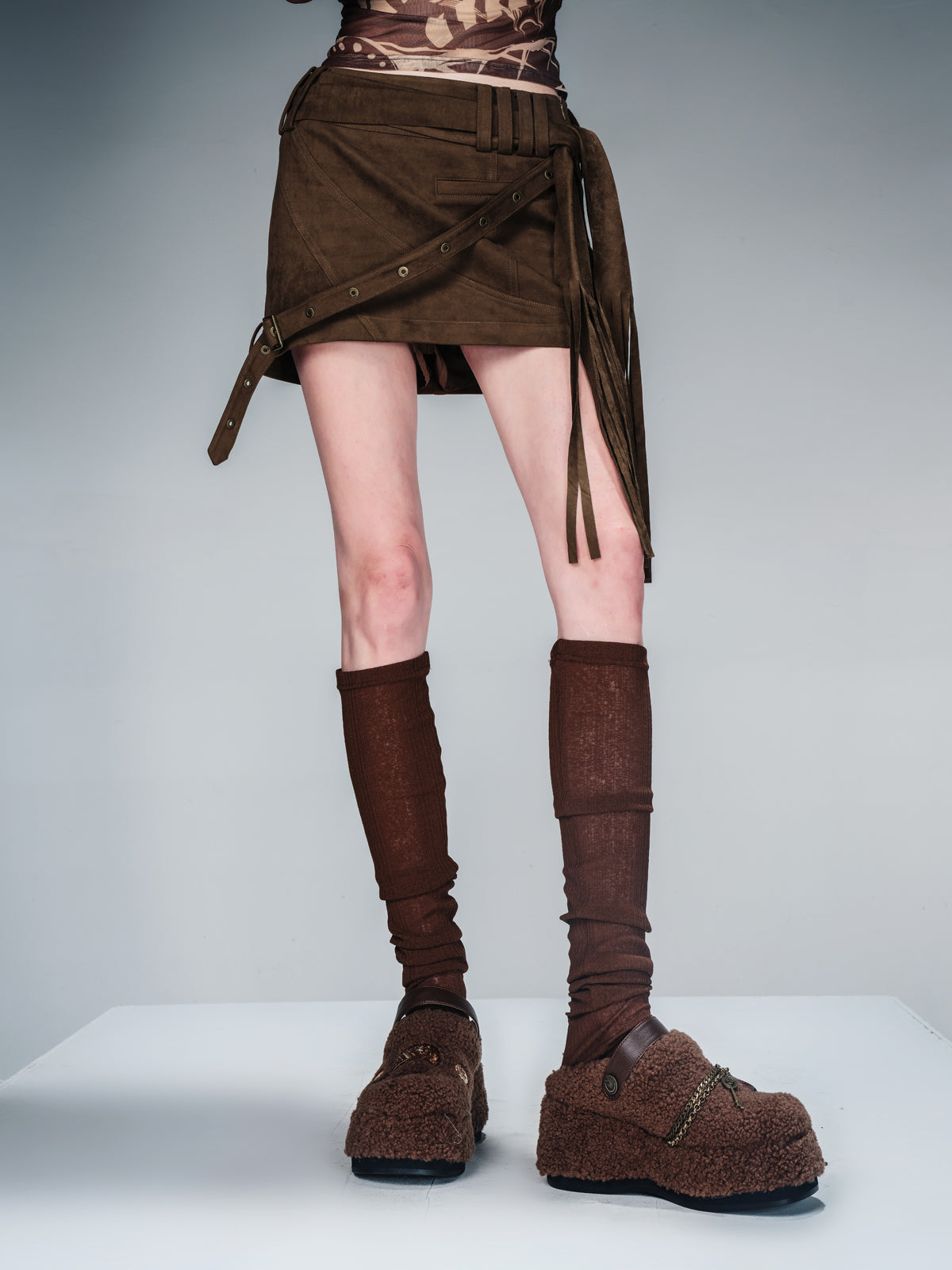 NN NORTH NODE Fringed Suspender Mini Skirt With Flowy Tassel Waist