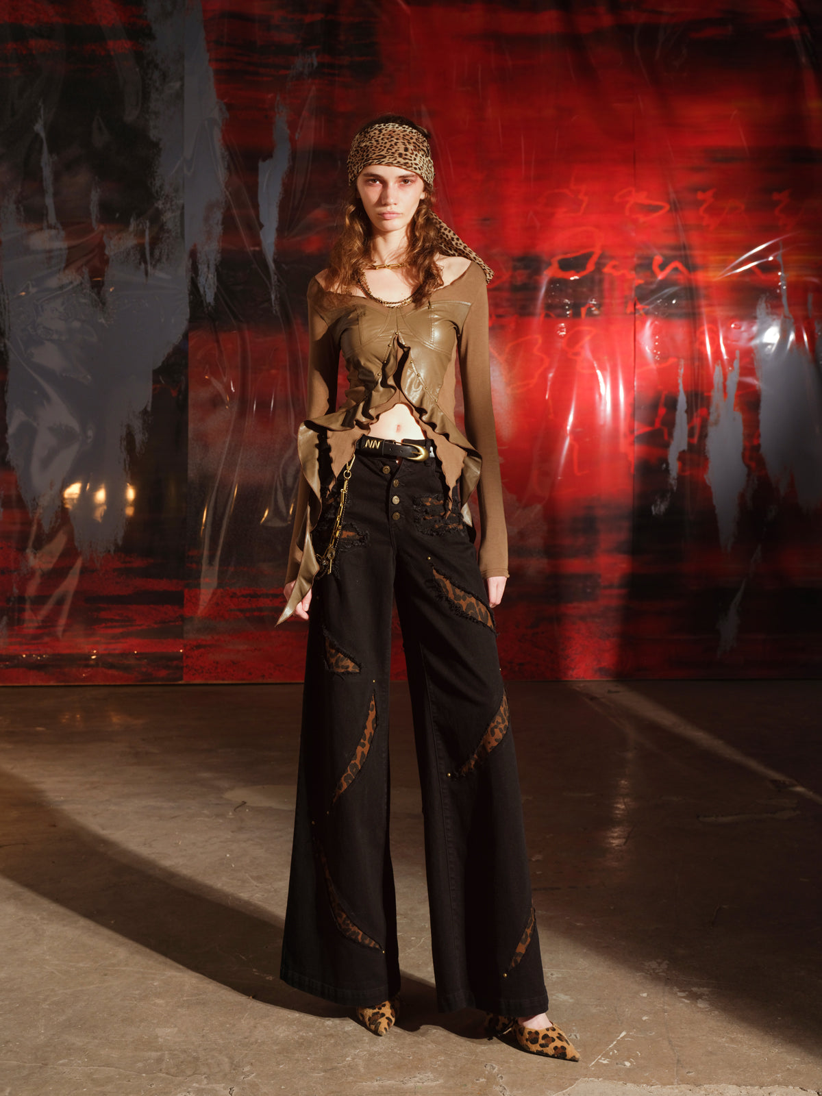 UpdateNN NORTH NODE Rust Toned Patchwork Peplum V-Neck Top