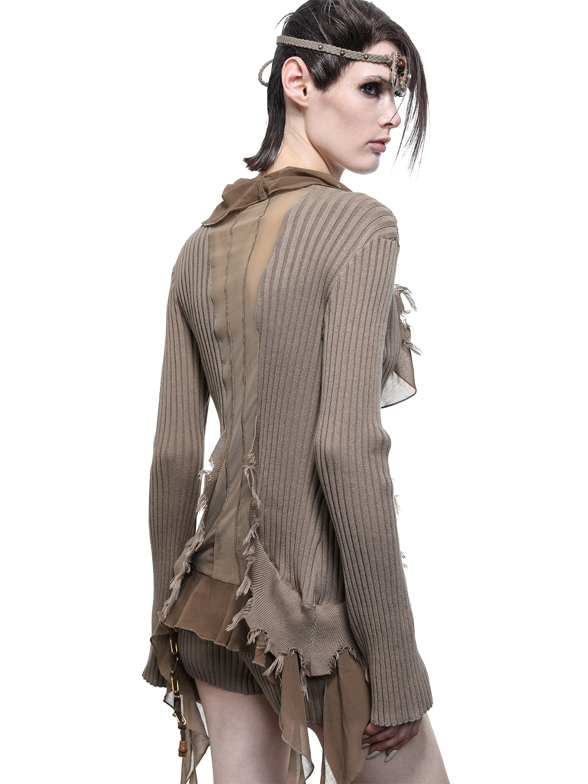 NN NORTH NODE Tattered Lace Mesh Trimmed Knit Cardigan