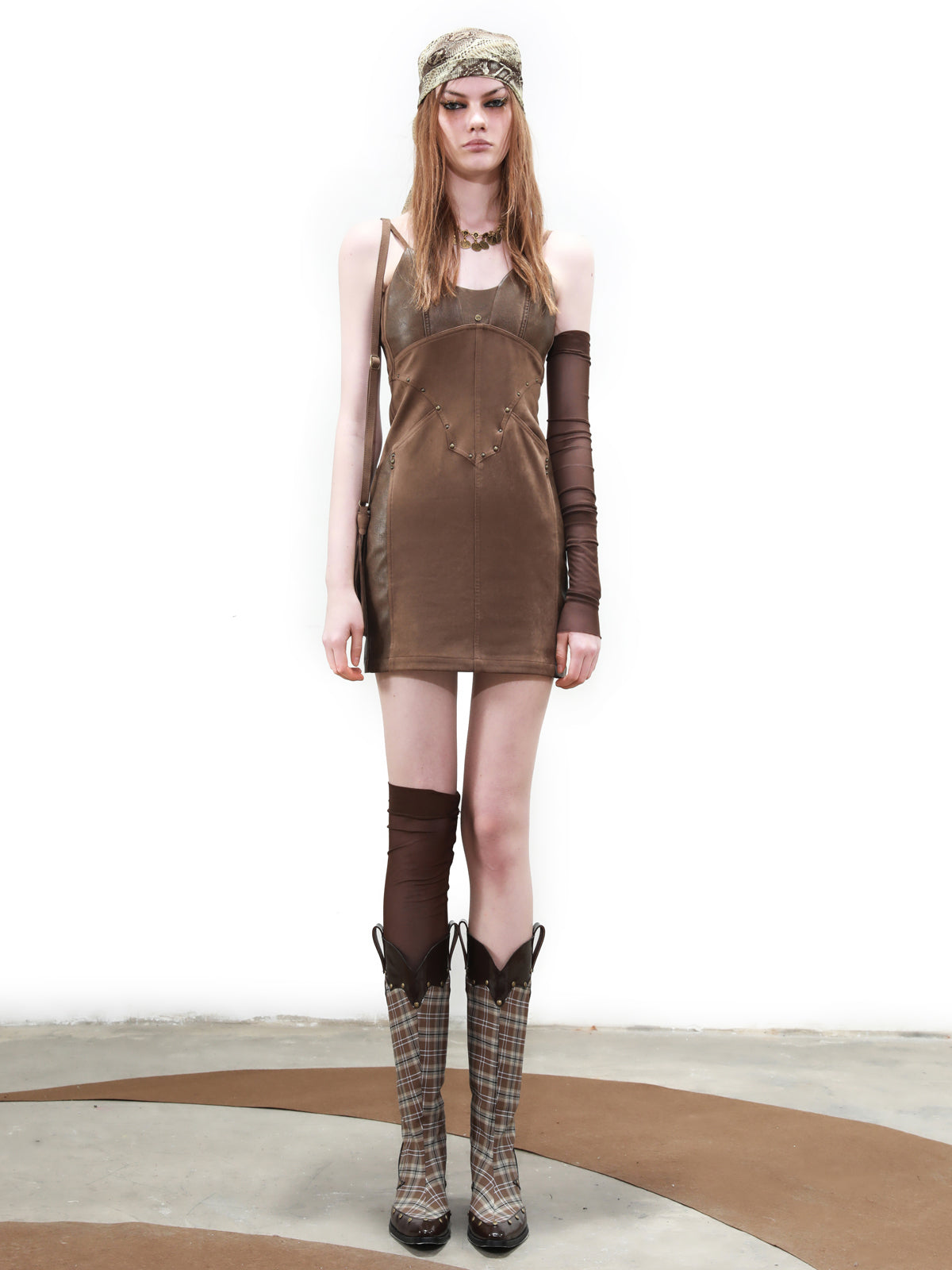 UpdateNN NORTH NODE Distressed Suede Patchwork Strap V-neck Dress