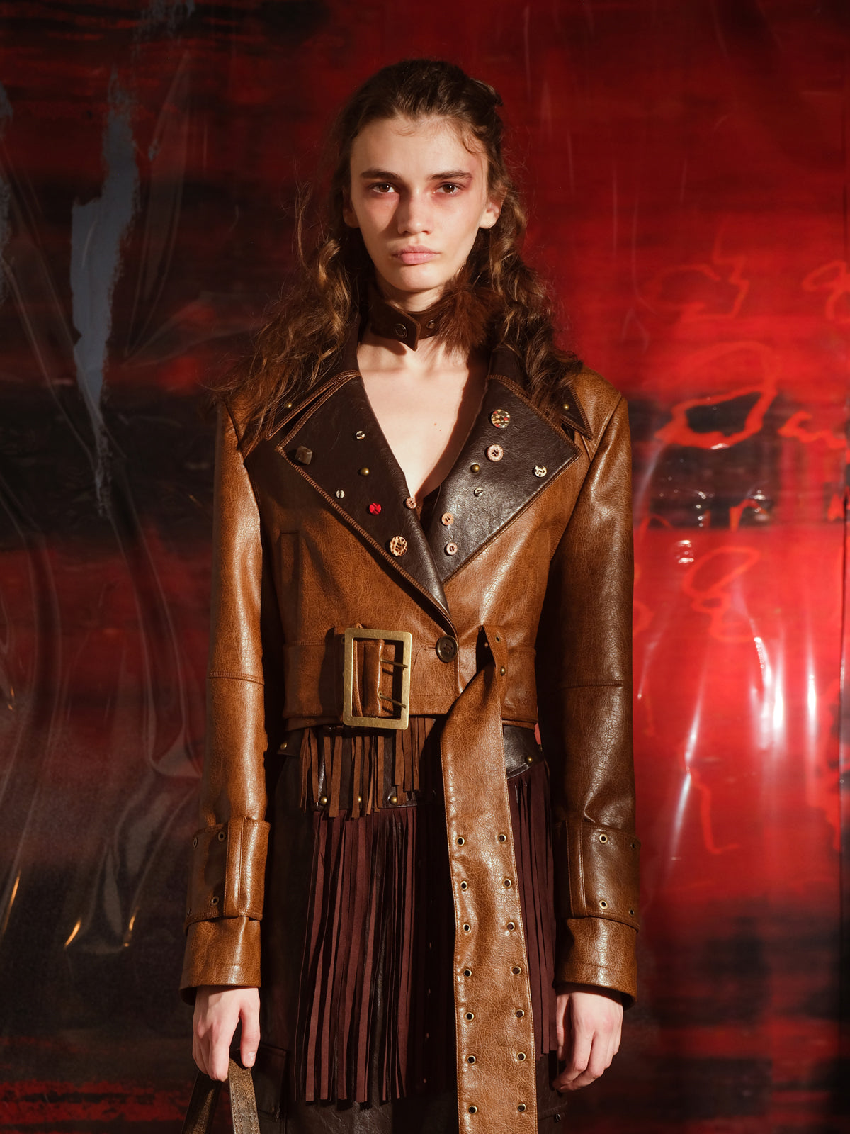 UpdateNN NORTH NODE Vintage Patchwork Button Up Leather Jacket