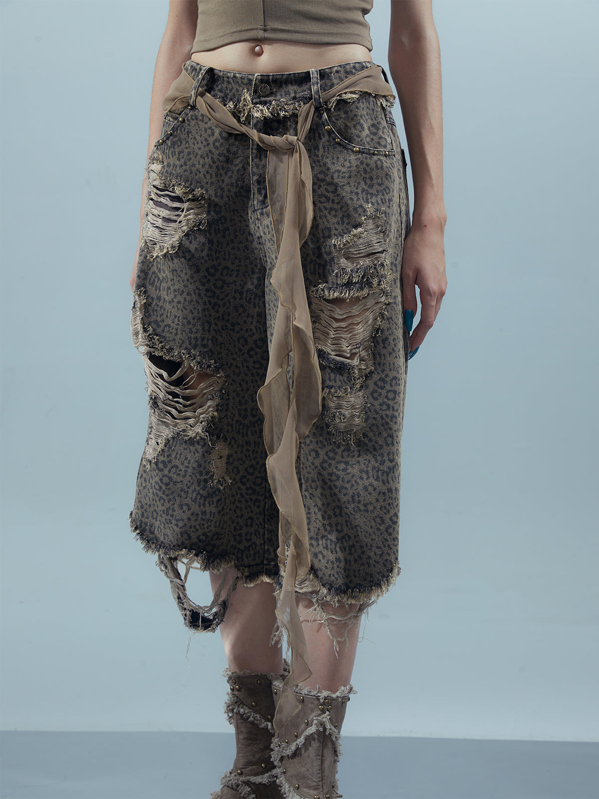 UpdateNN NORTH NODE Washed Distressed Leopard Print Cargo Shorts With Belt