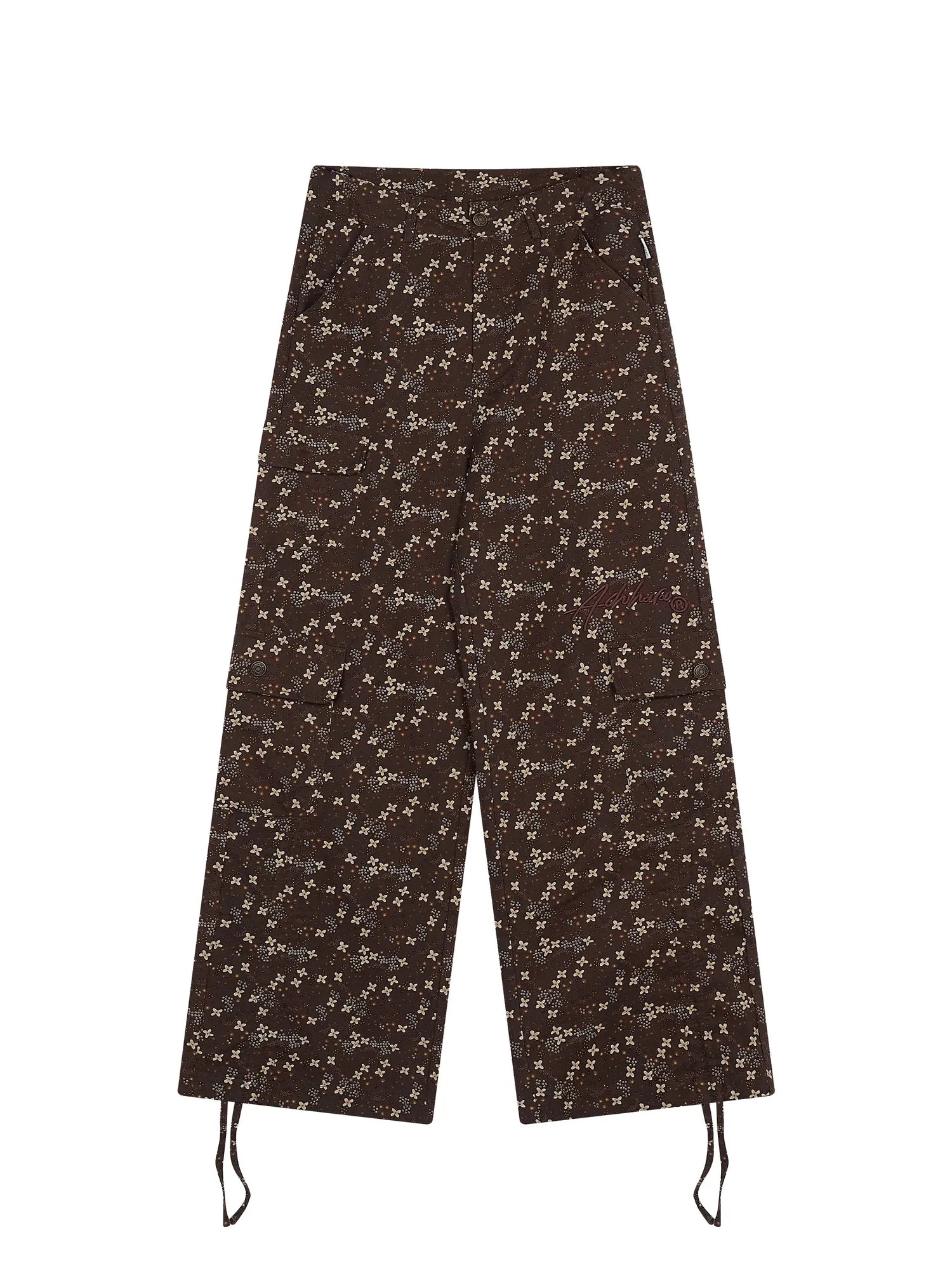 Chocolate Floral Print Wide Leg Trousers With Adjustable Hem
