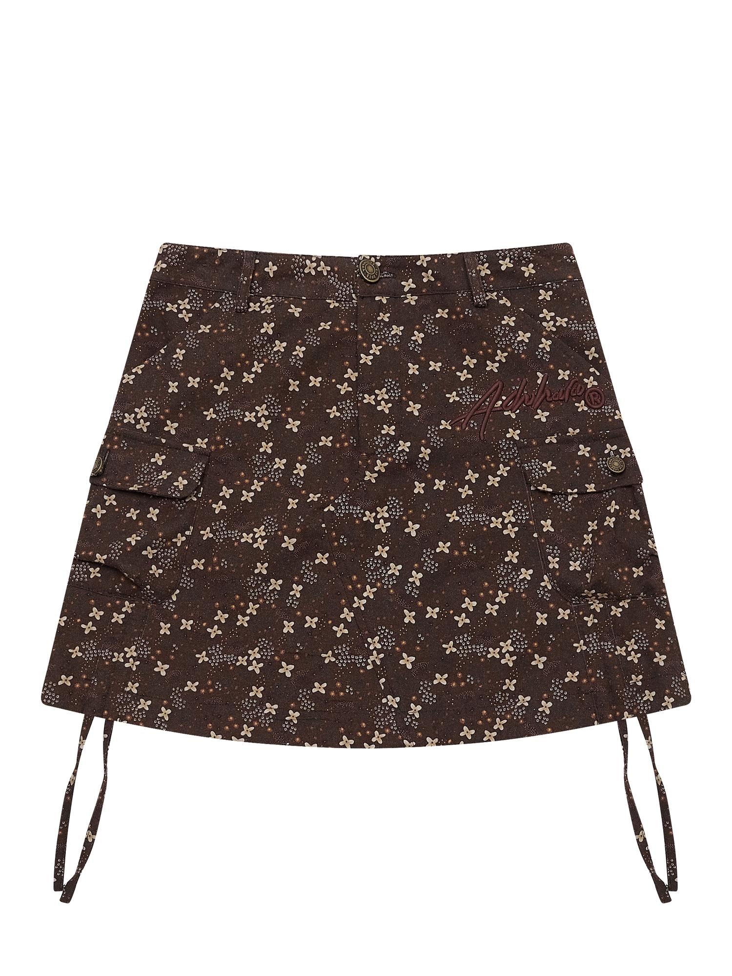 Achihara Chocolate Floral A-Line Utility Mini Skirt
