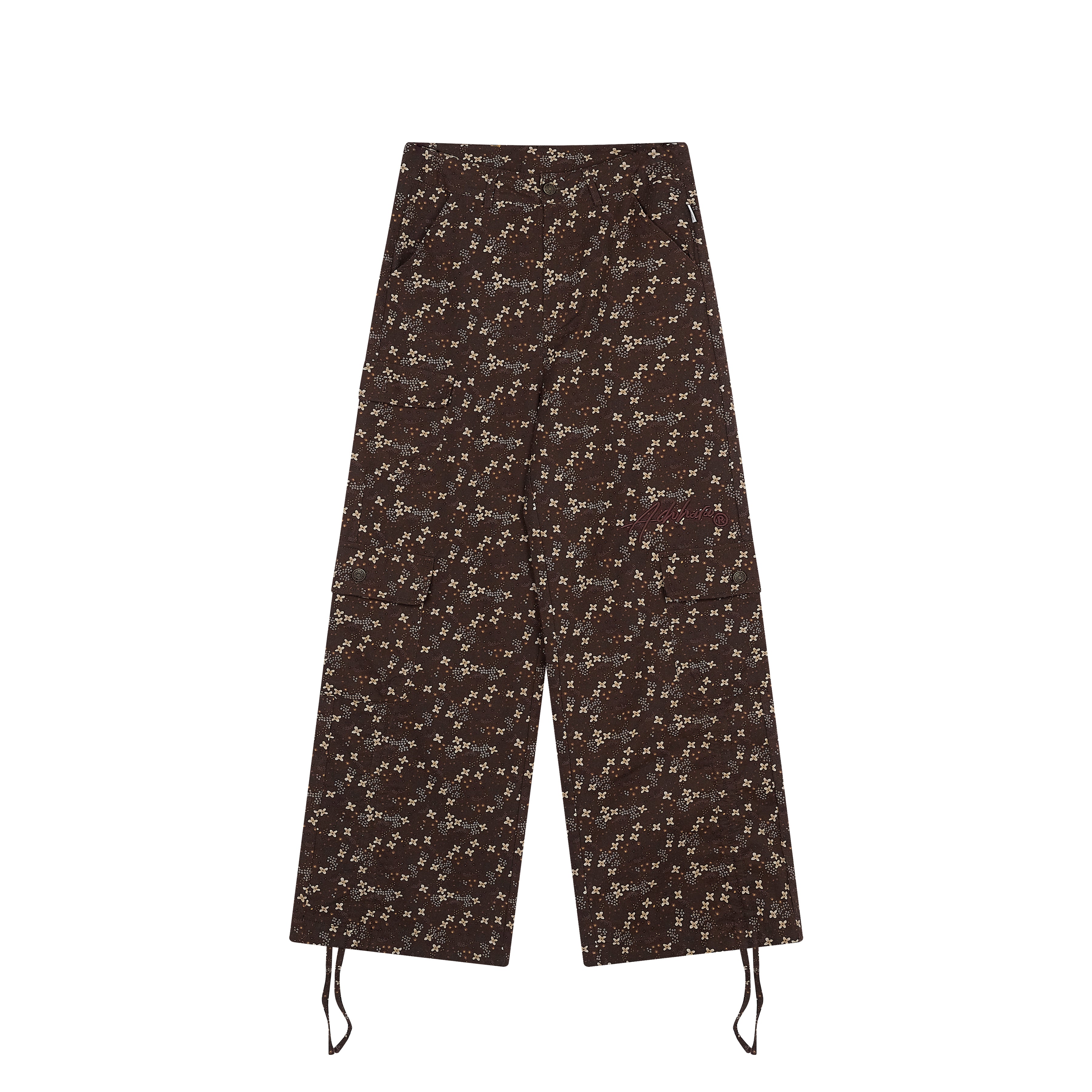 Achihara Chocolate Floral Print Wide Leg Trousers With Adjustable Hem