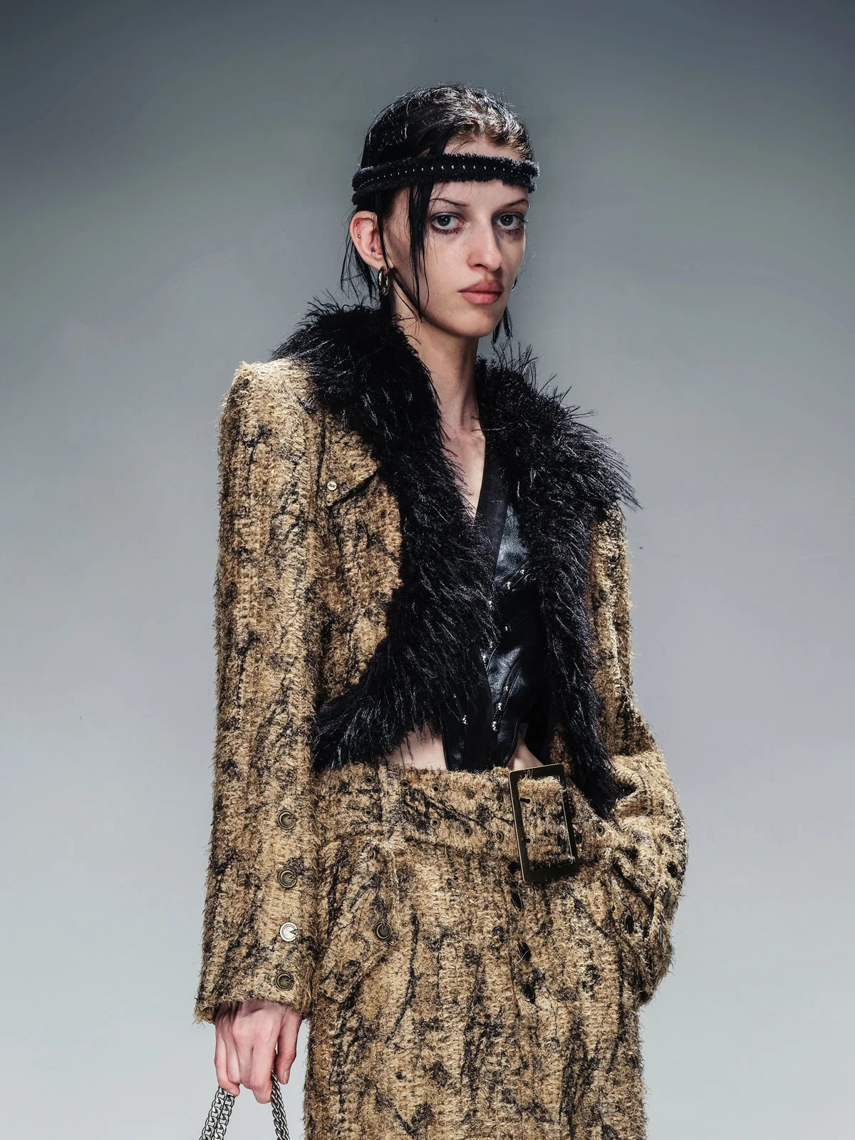 Dry Leaf Print Tweed Suit Set V-Neck T-Shirt Long-Sleeve