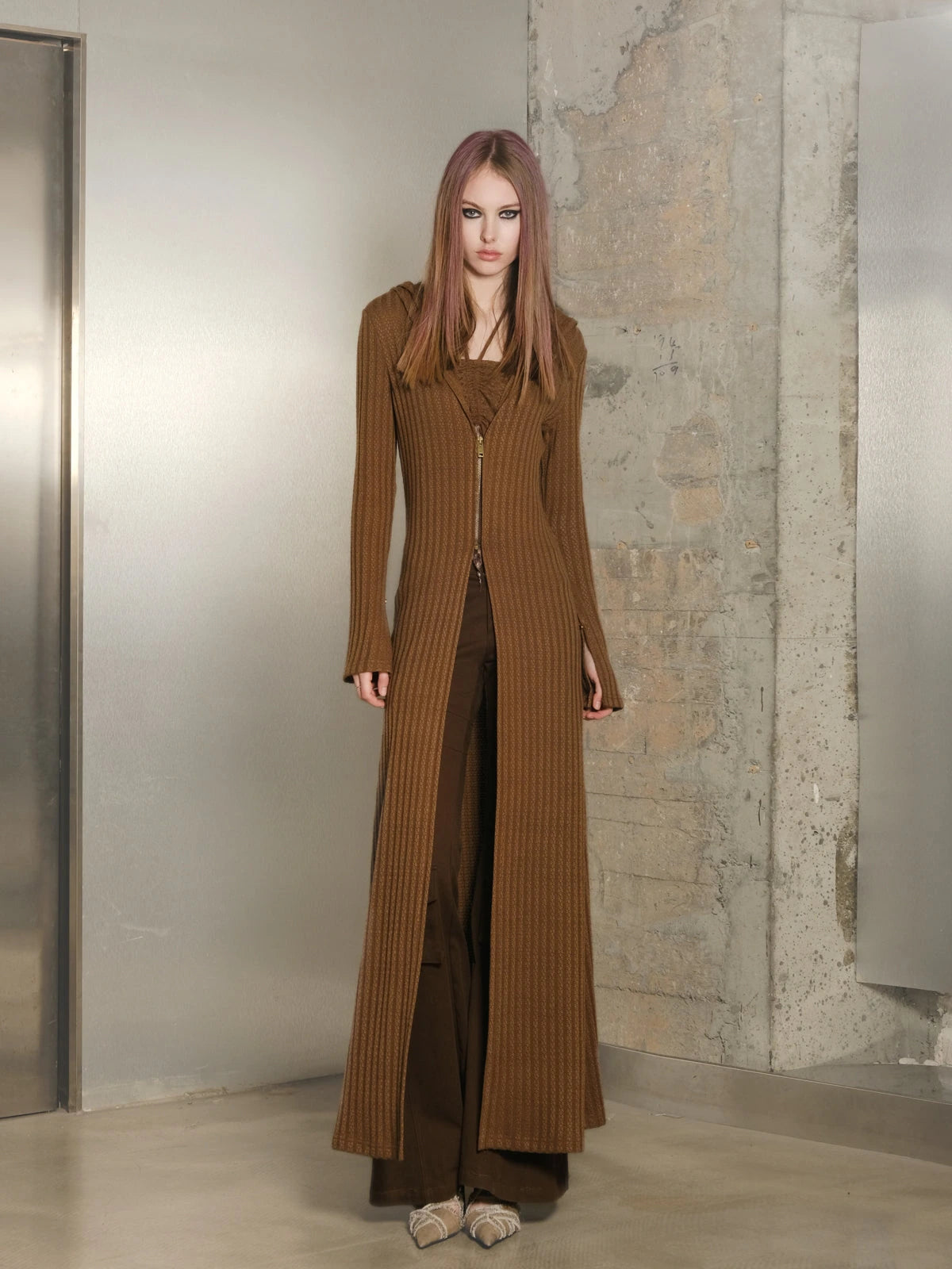 Long Hooded Slim Fit Knit Cardigan with Halter Neck Camisole