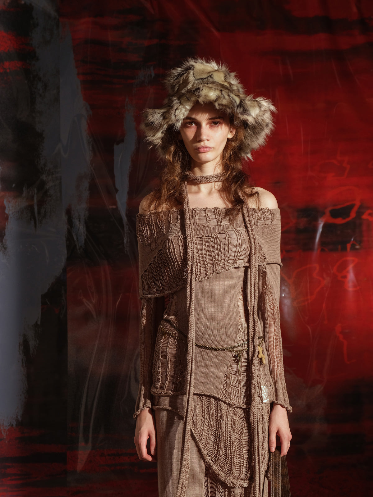 NN NORTH NODE One Shoulder Knit Set with Asymmetrical Neckline and Distressed Detailing