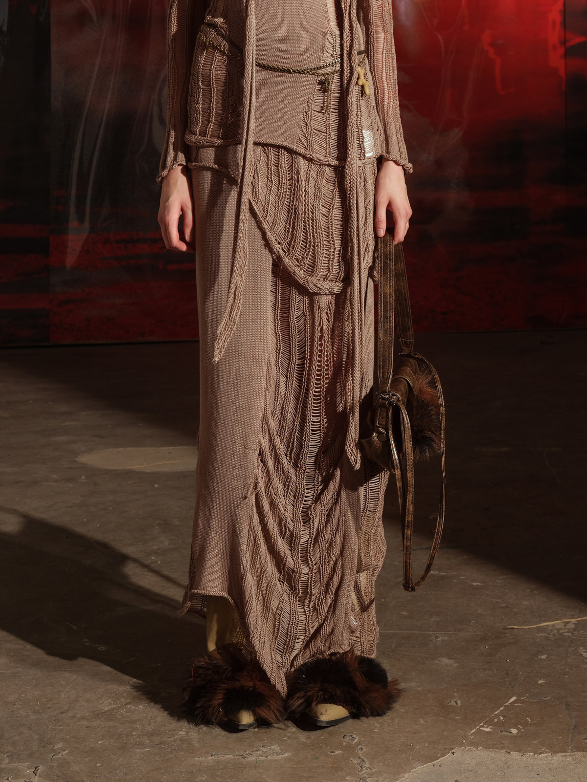 NN NORTH NODE One Shoulder Knit Set with Asymmetrical Neckline and Distressed Detailing