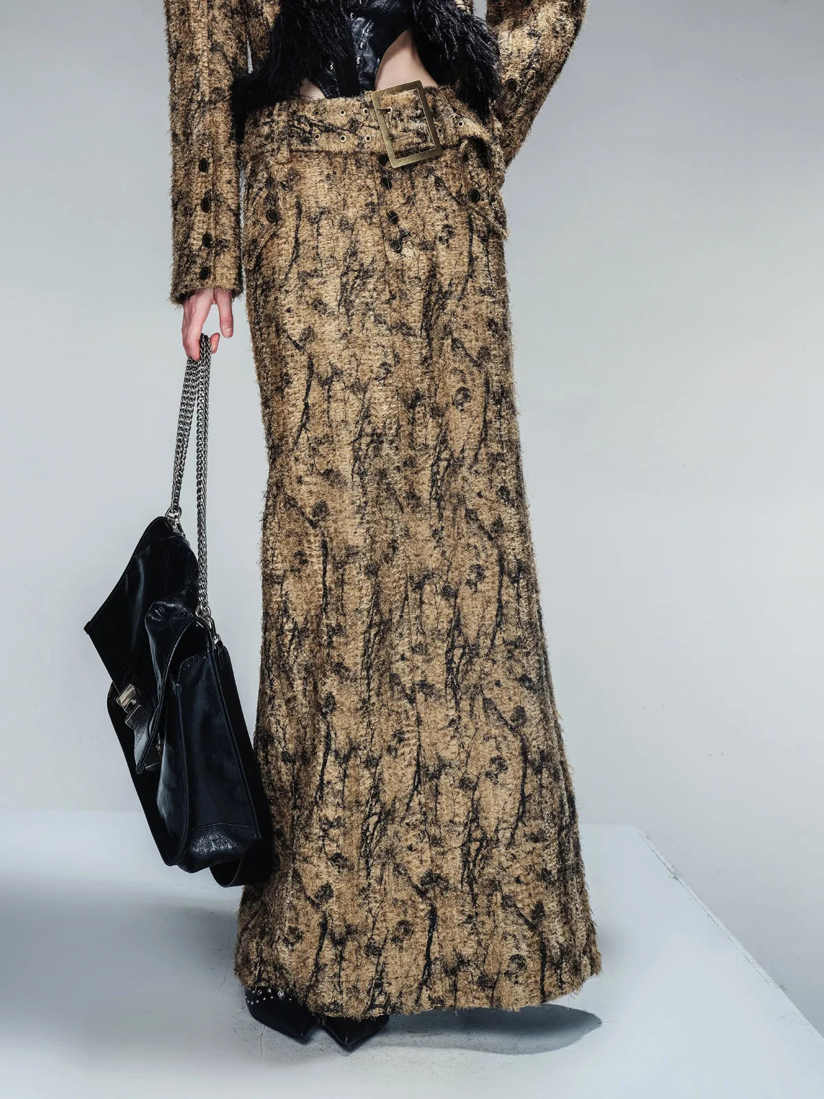 Dry Leaf Print Tweed Suit Set V-Neck T-Shirt Long-Sleeve