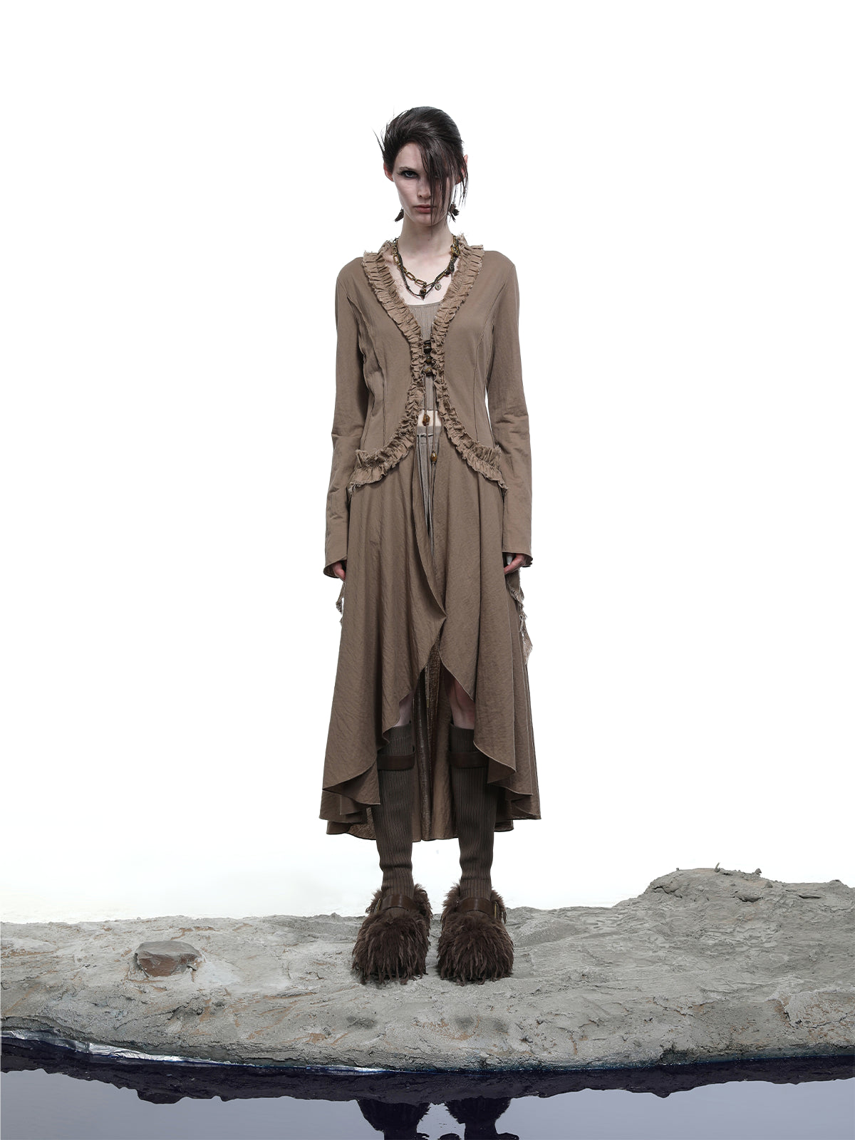 NN NORTH NODE Desert Veil Linen Lace Beaded Tie Shirt Dress