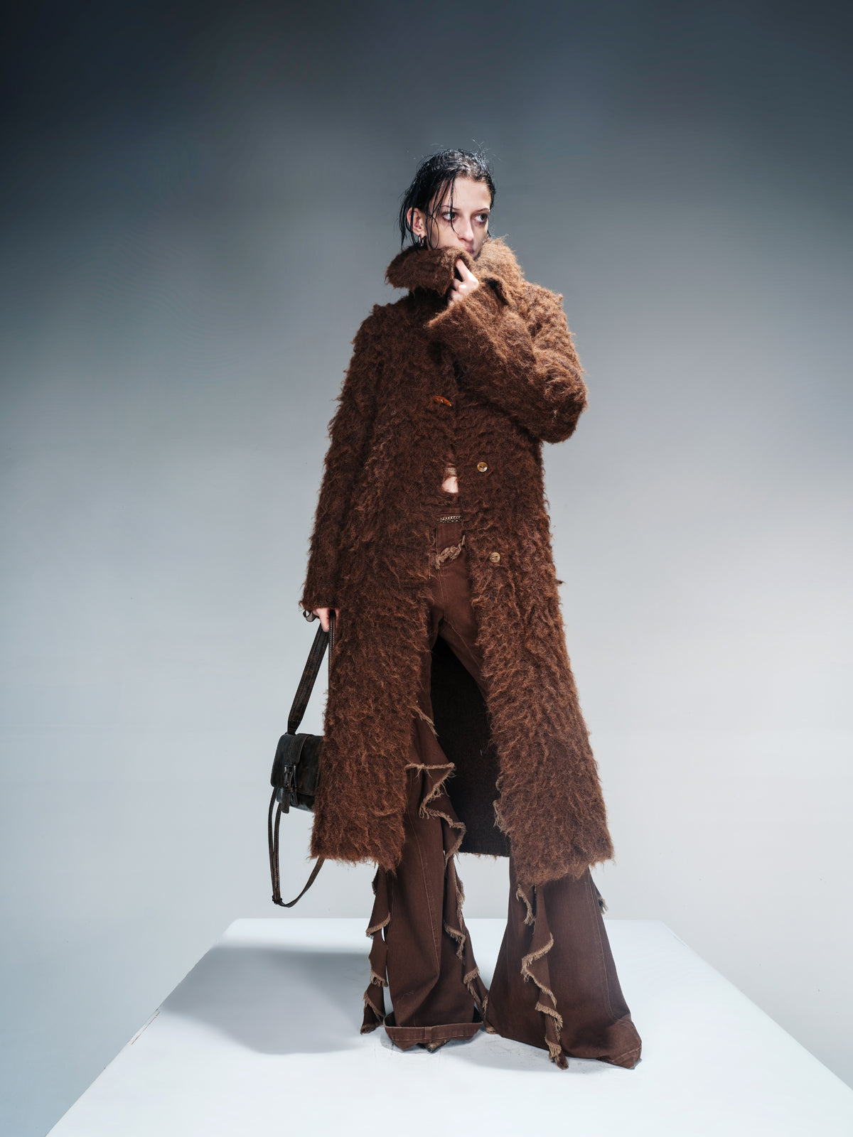 NN NORTH NODE Long Knit Cardigan With Brushed Texture And Shawl Collar