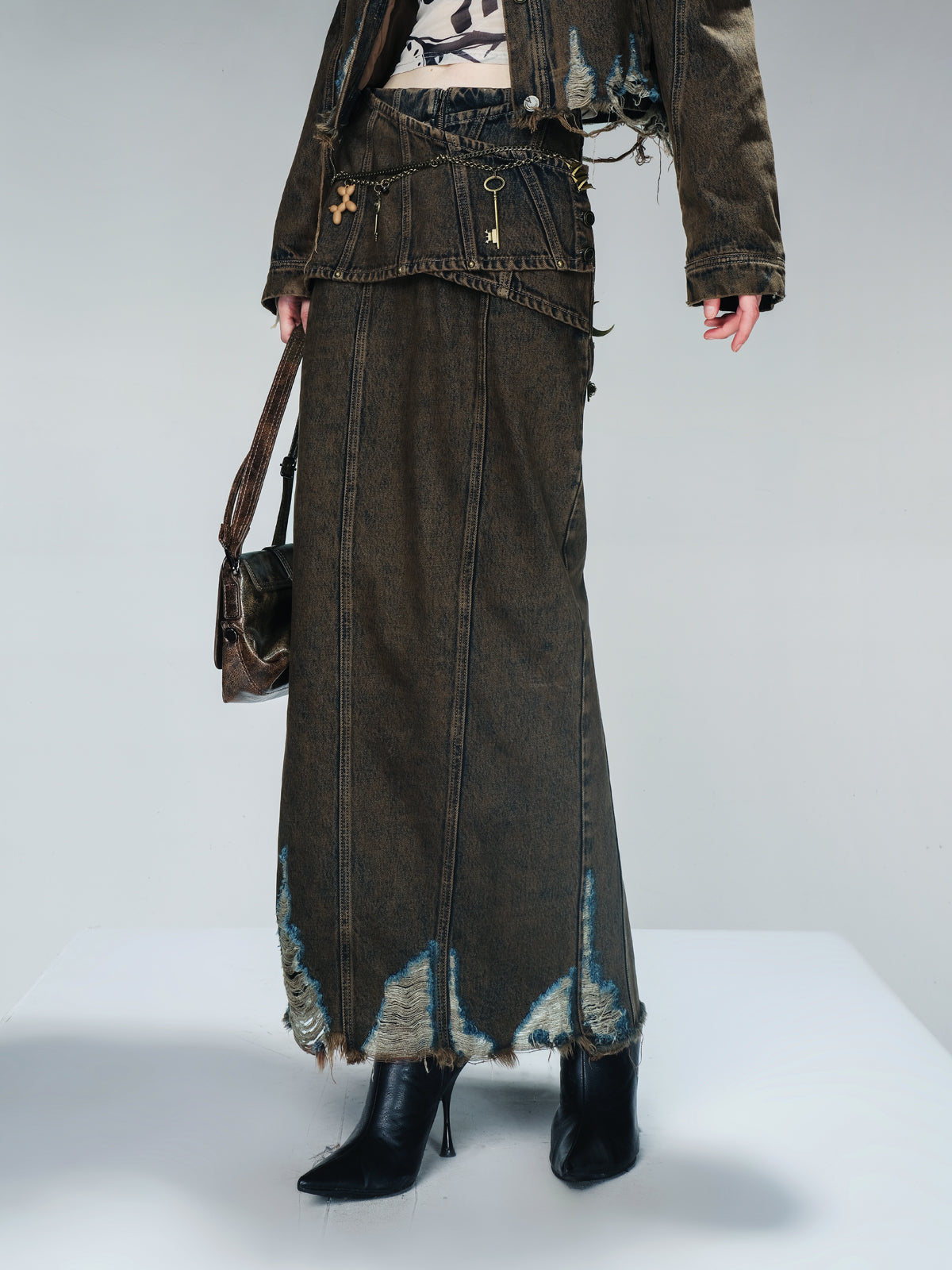 UpdateNN NORTH NODE Washed Denim Distressed Midi Skirt