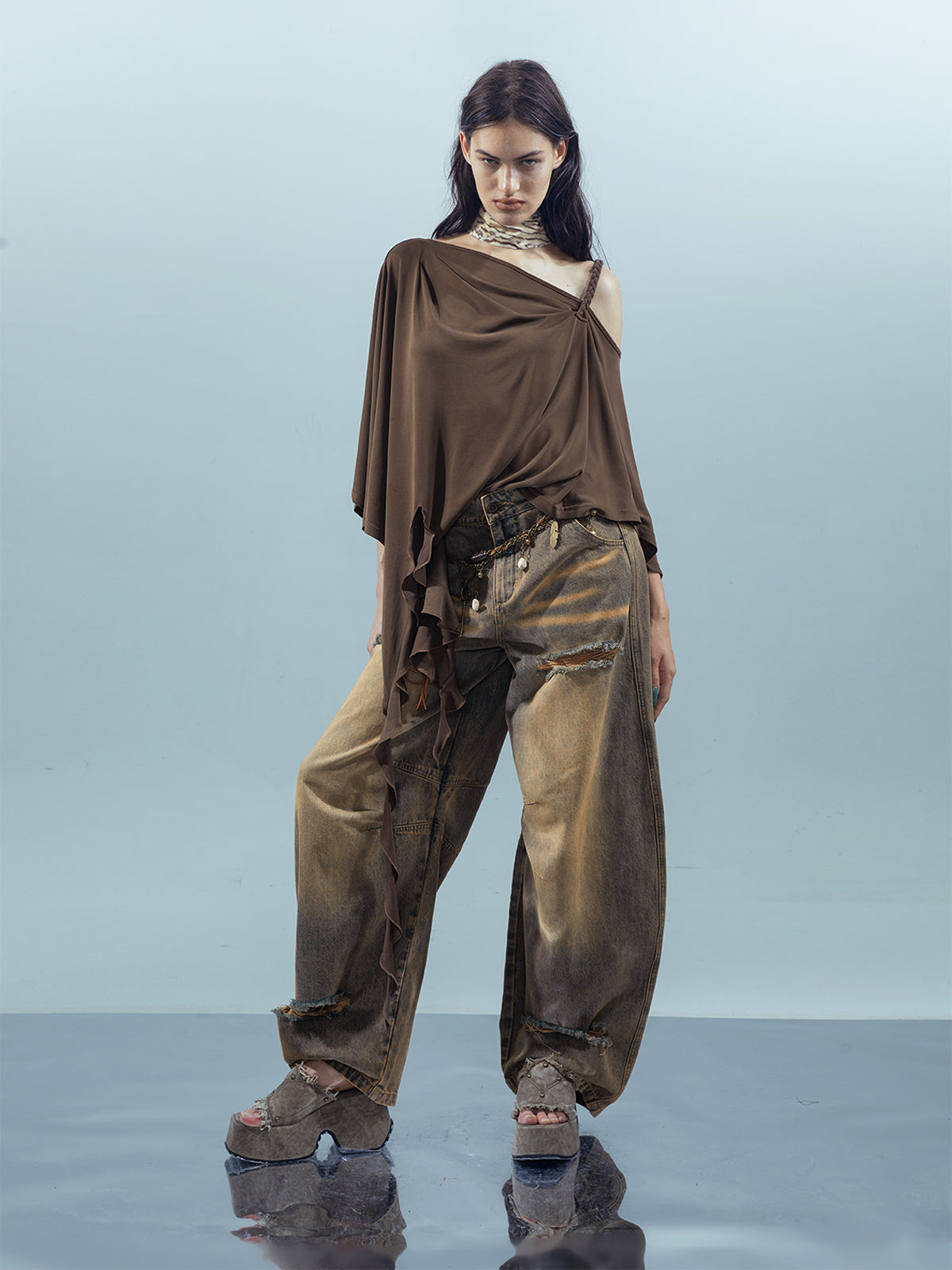 UpdateNN NORTH NODE Asymmetrical Ruffle One Shoulder Top