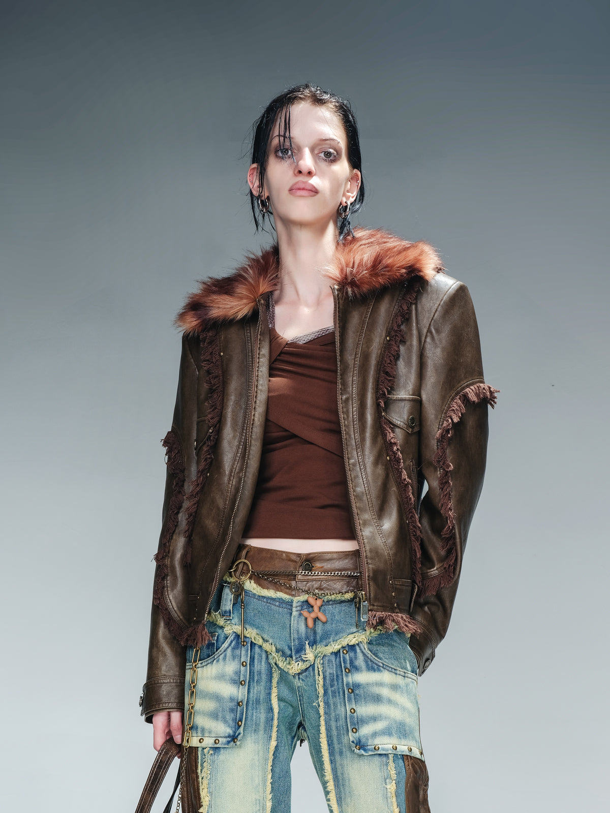 UpdateNN NORTH NODE Quilted Shearling Lined Detachable Fur Collar Leather Jacket