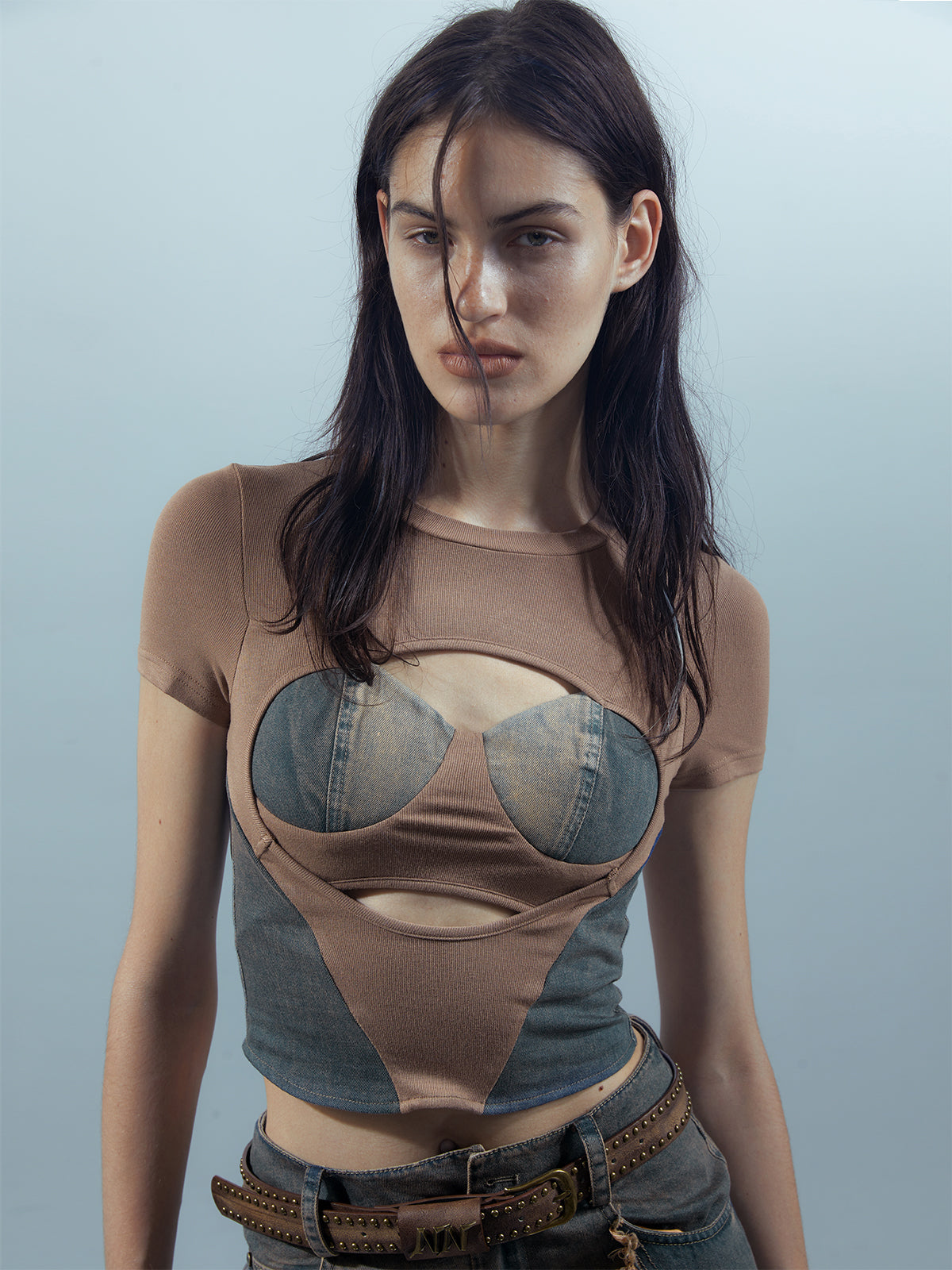 UpdateNN NORTH NODE Washed Denim Cut Out Cropped Tee