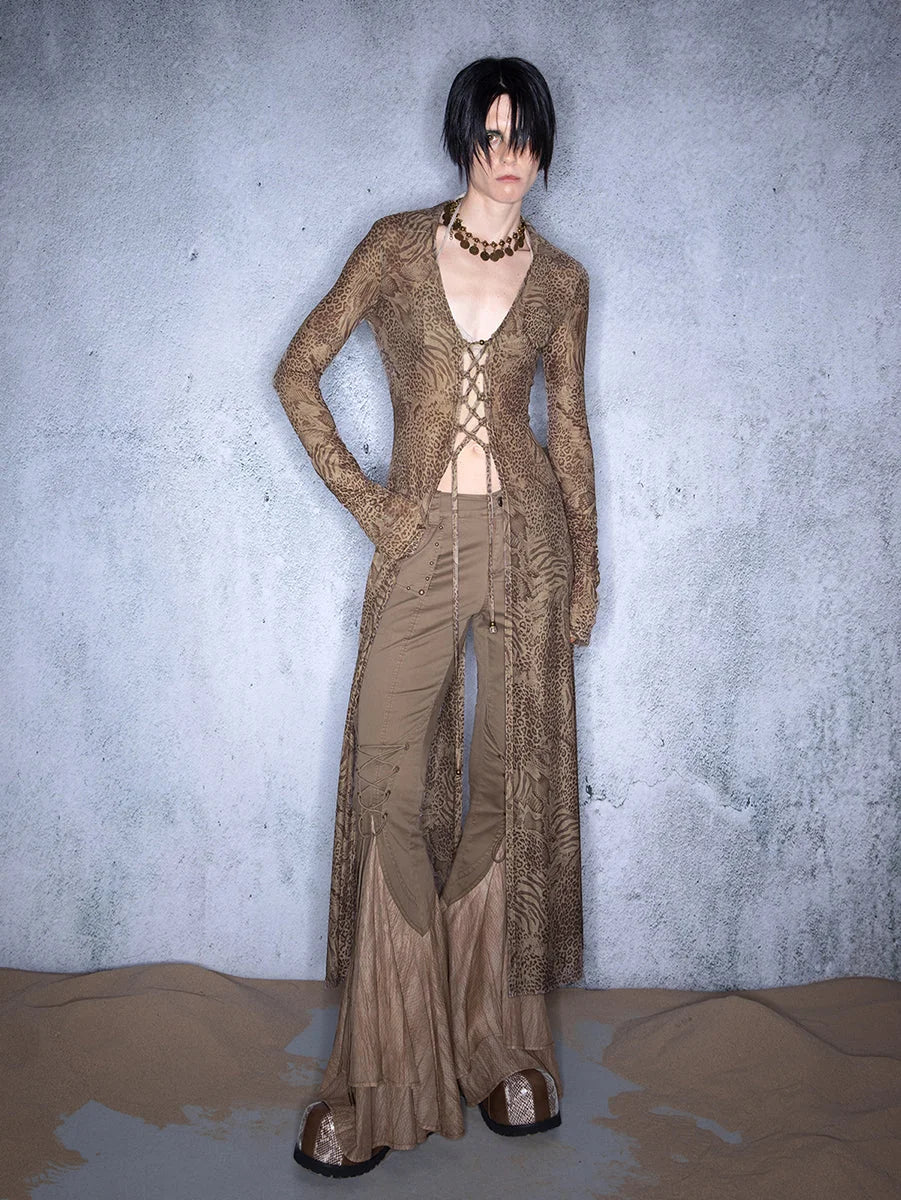 Elastic Mesh Sheer Long Kimono With Adjustable Tie